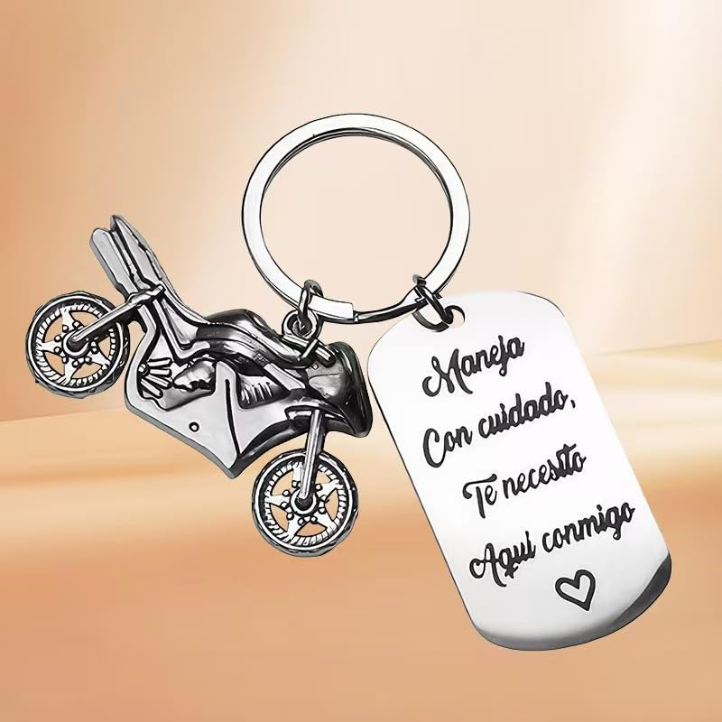 Spanish Motorcycle Keychain with Love Message Tag, Metal Charm with Inspirational Quote, Silver image number 2
