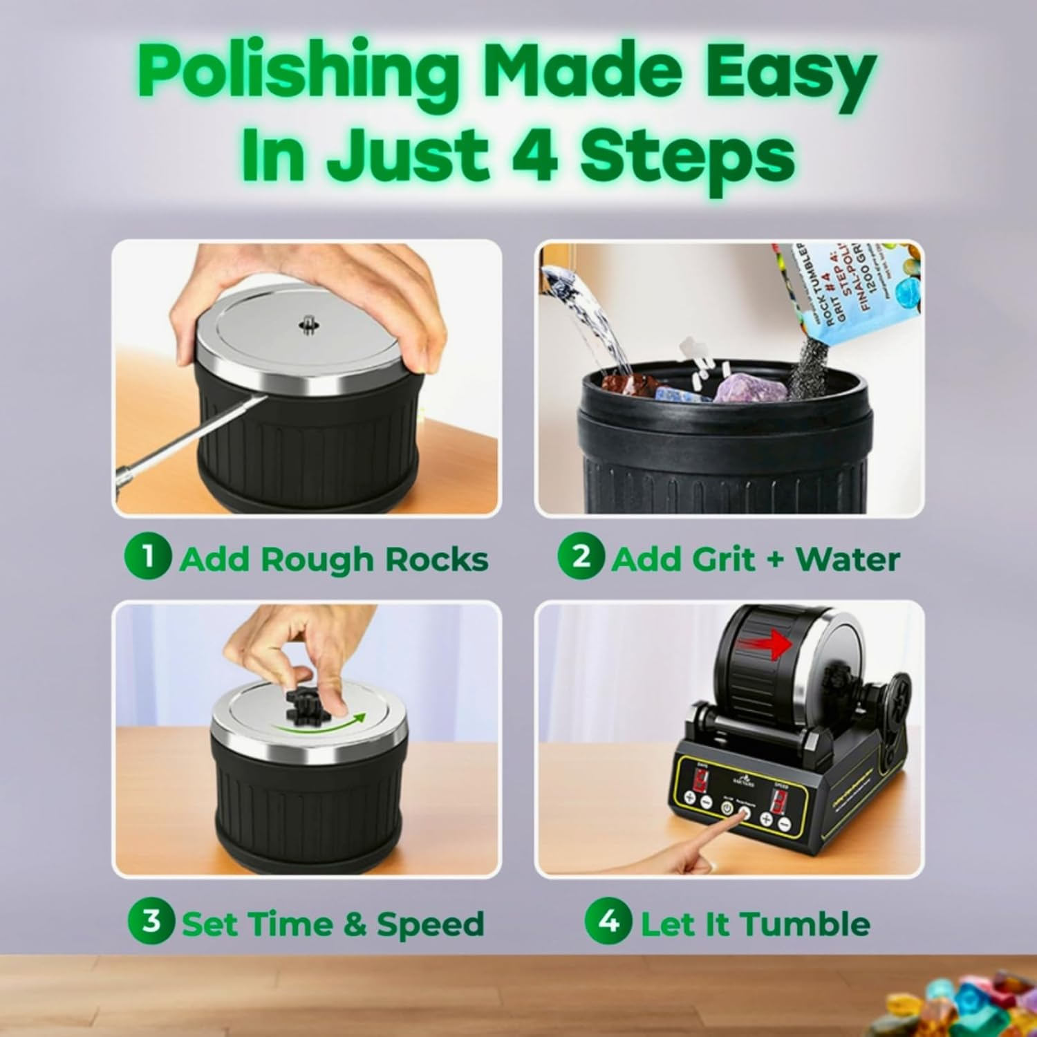 Professional Rock Tumbler Kit- Advanced Features Include Shutoff Timer and Speed Control - 2.5 Kg Barrel Capacity, 4 Polishing Grits, Mesh Stainer, Jewelry Fastenings image number 4