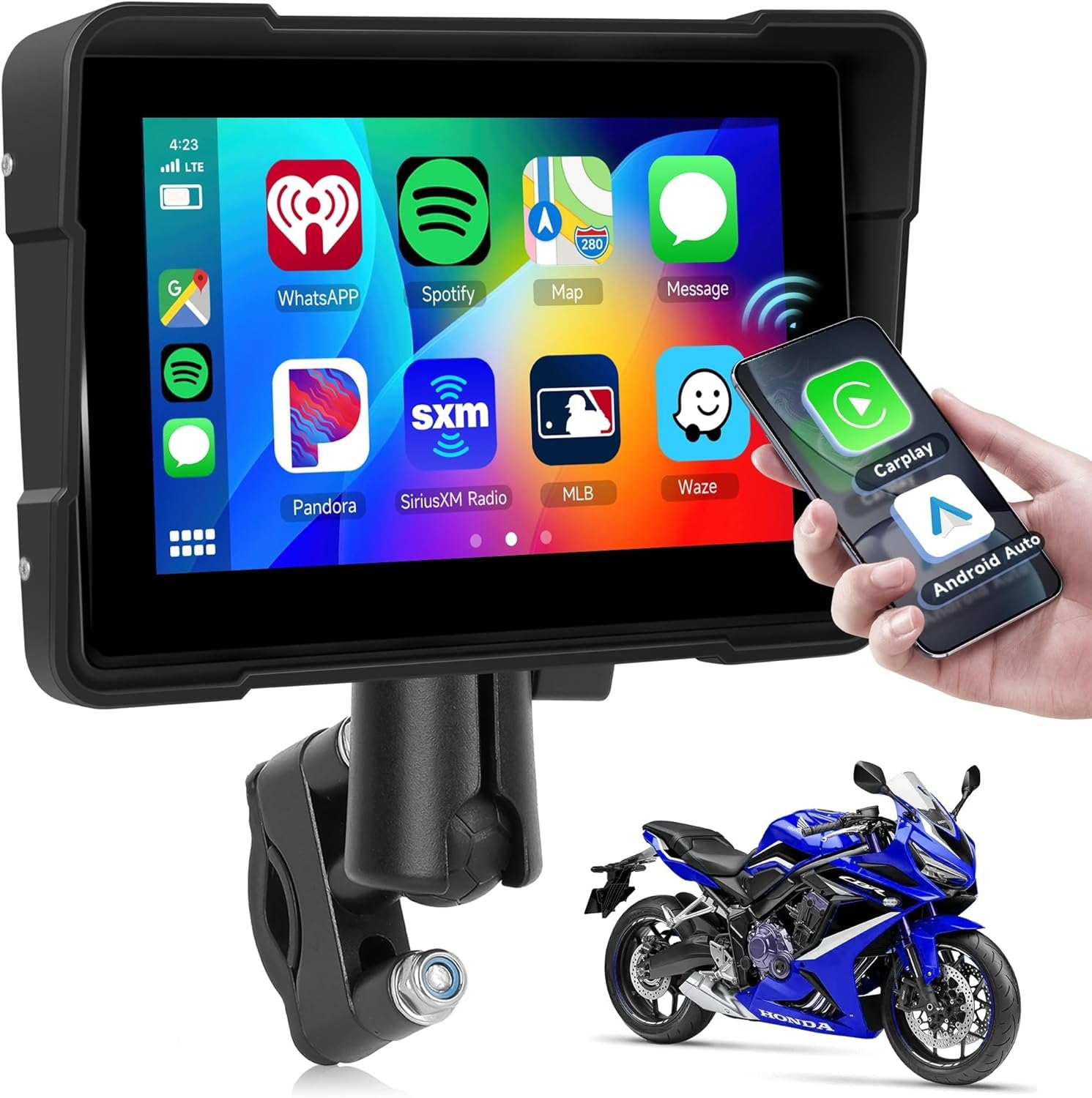 Rimoody Portable Motorcycle Carplay Screen, Portable Wireless Carplay Android Auto Car Stereo for Motorbike, 5" Waterproof Touchscreen, Dual Bluetooth, Navigation/Siri image number 2