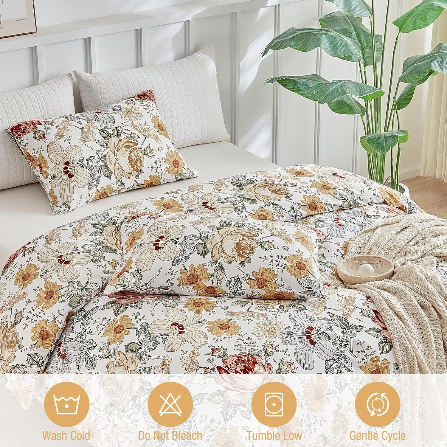 Tokokimo Duvet Cover 200 X 200 Cm with 2 Pillowcases 65 X 65 Cm - Colourful Floral Pattern - 100% Microfibre Bedding Set 200 X 200 Cm with Zips image number 6