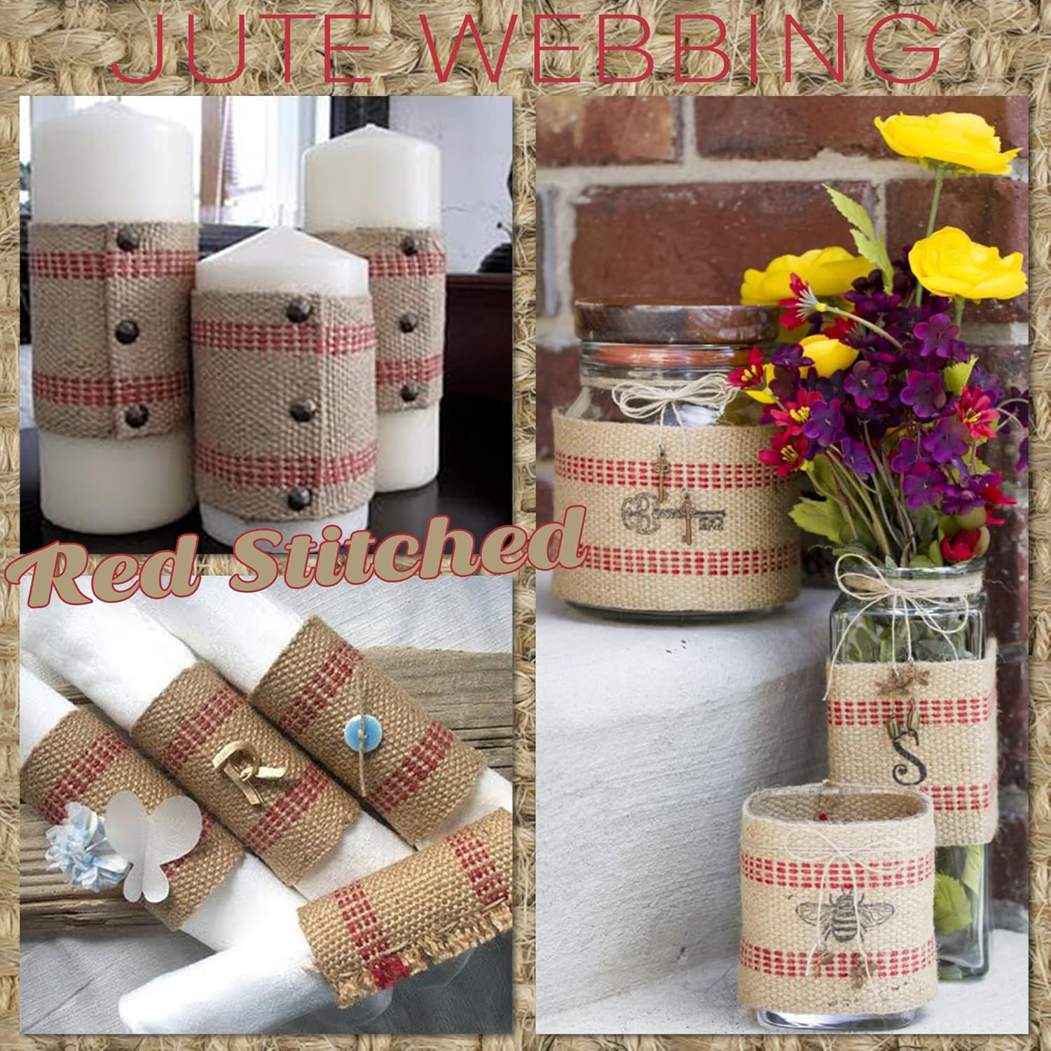 MEEDEE Red Jute Webbing 2 Inch Upholstery with Red Stitching - Heavy Duty Furniture Webbing for Chairs, Christmas Garland, Jute Wreath, Banner (10 Yards)