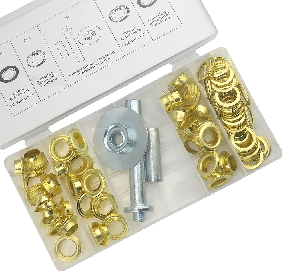 XINMEIWEN 103 Sets Metal Grommet Tool Kit 1/2 Inch Grommet Eyelets Set with 3Pcs Installation Tools for Fabric Leather Craft Making (Gold) image number 5