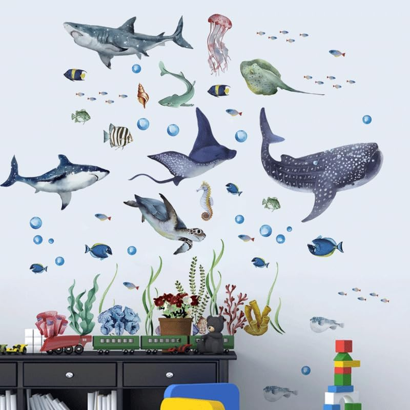 Large Watercolor Sharks Wall Decals Ocean Animal Peel and Stick Wall Sticker under the Sea Marine Life Theme Decals Room Home Decor Party Supply (30 * 90Cm, 4Pcs) image number 5