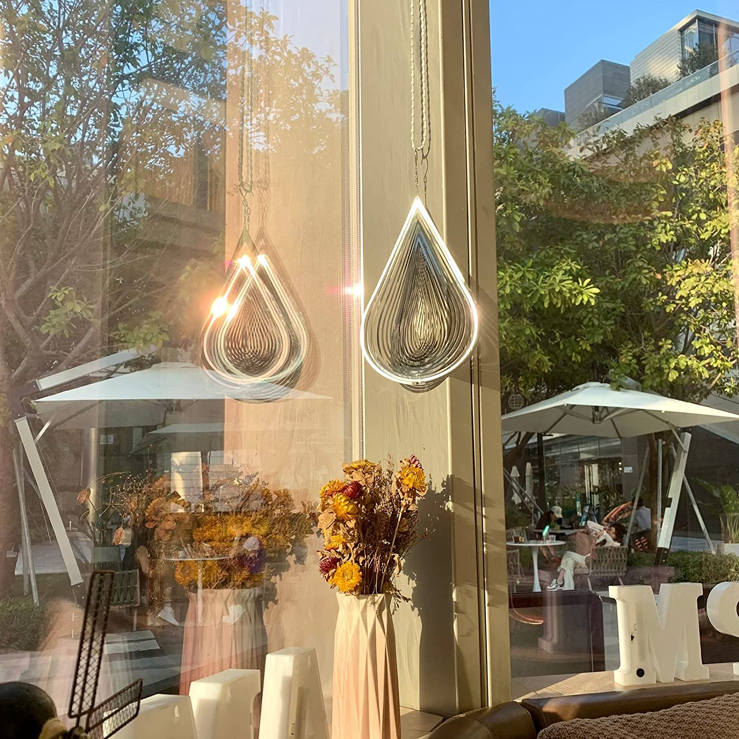 Jorontall Wind Spinner Stainless Steel 3D Flowing Light Effect Decoration for Outdoor Garden Hanging Decor Gifts 12&ldquo;X 8&ldquo; Silver Water Drop-Shaped Spinners with 360&deg; Rotating Hook image number 2