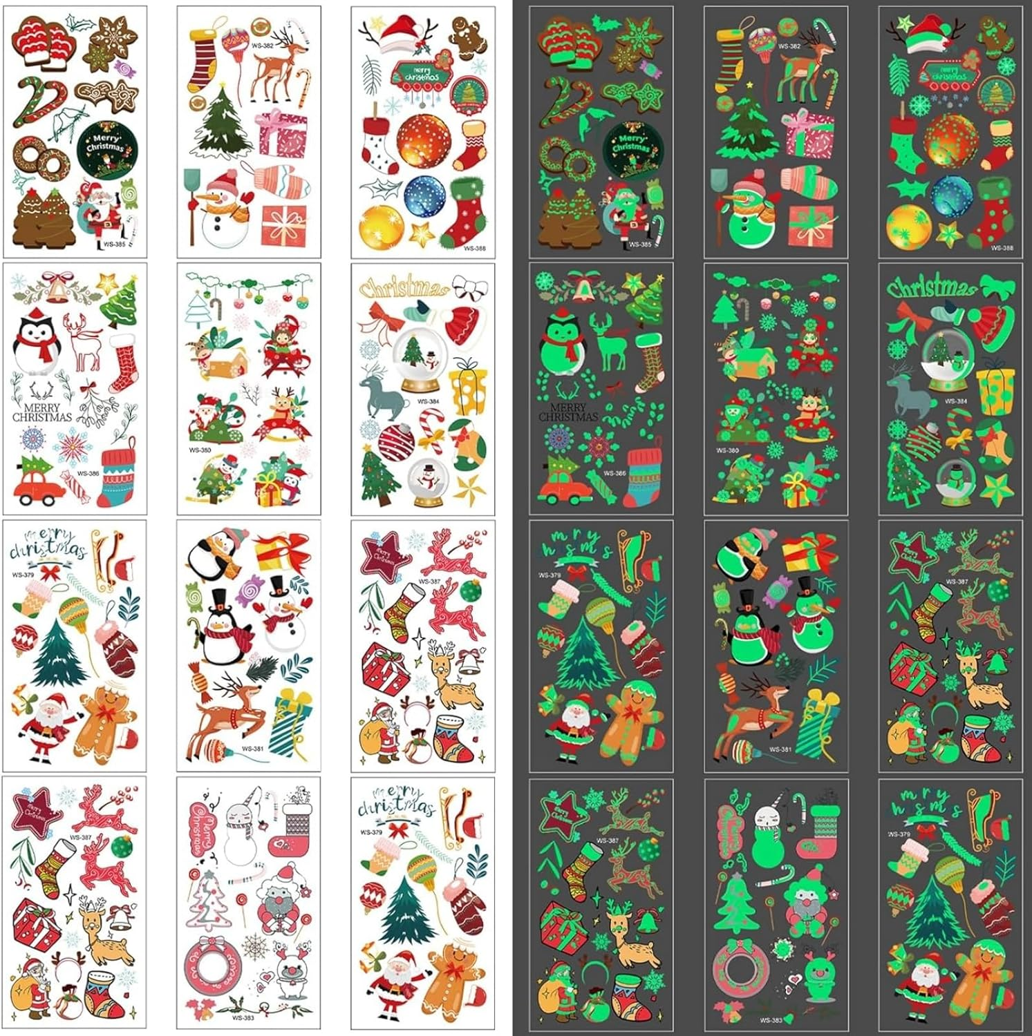 Itadaku 12 Sheets Luminous Christmas Temporary Tattoos, Glow in the Dark Christmas Tattoos for Stocking Stuffers, Holiday Party Favors & Gift Stickers image number 1
