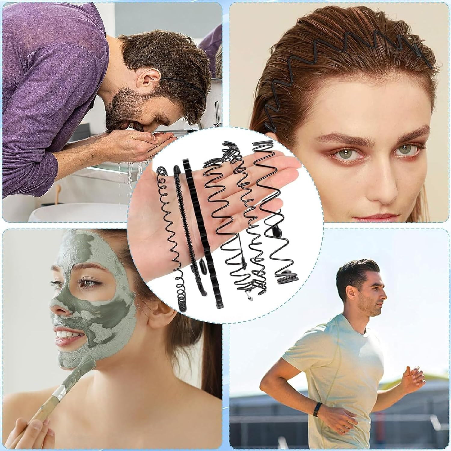 Pack of 4 Metal Headbands, 2 Pieces Full Circle Stretch Headband Unisex, Black Wave Metal Headband, Comb Flexible Plastic for Outdoor Sports Yoga image number 3