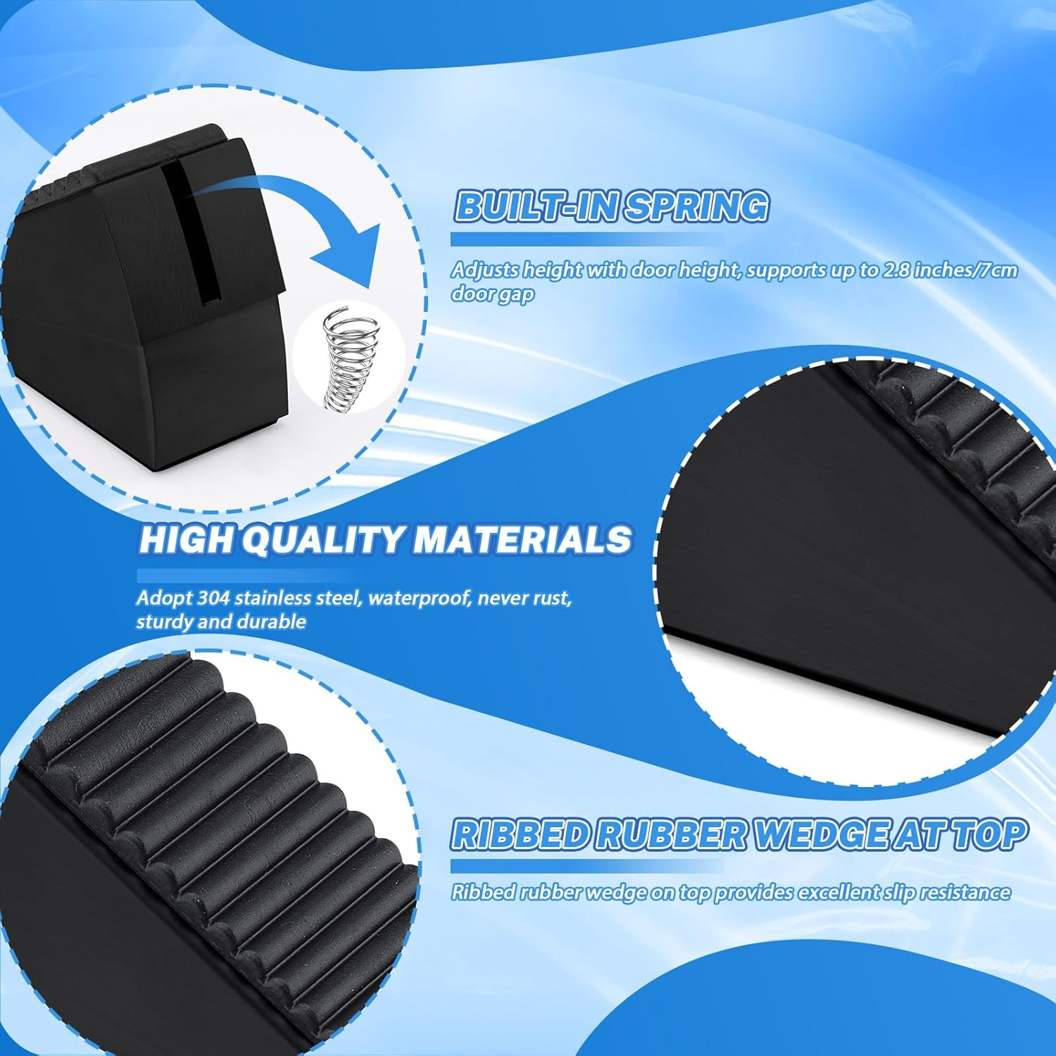 Sekonow Large Door Stopper - Heavy Duty Door Stop Wedge Stainless Steel Rubber Door Stoppers for Bottom of Door, 2.8In Tall Adjustable Doorstop Suits Any Heavy Door, Black image number 5