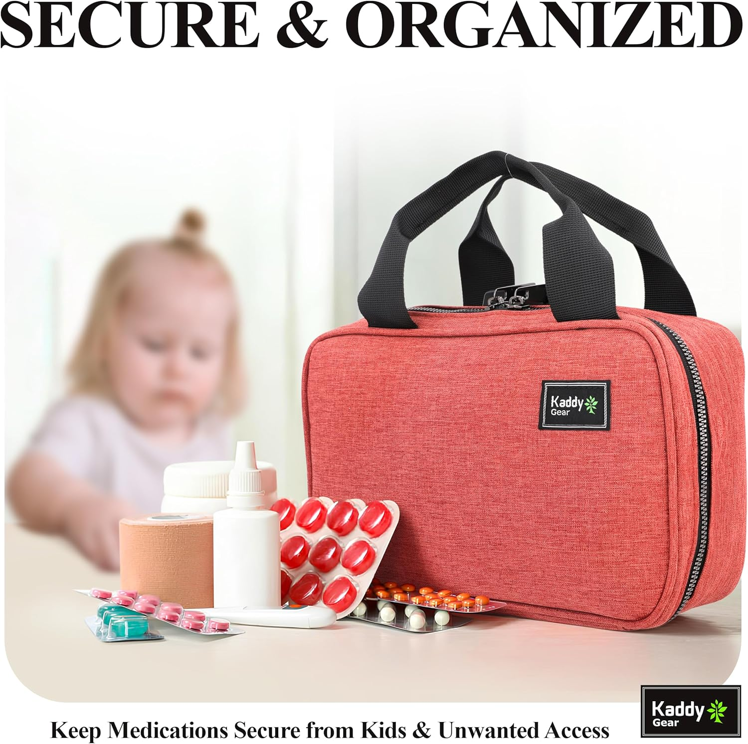 Kaddy Secure Pill Organizer, Medicine, Supplements or Toiletry, Travel or Home, TSA Approved Lock (Red)