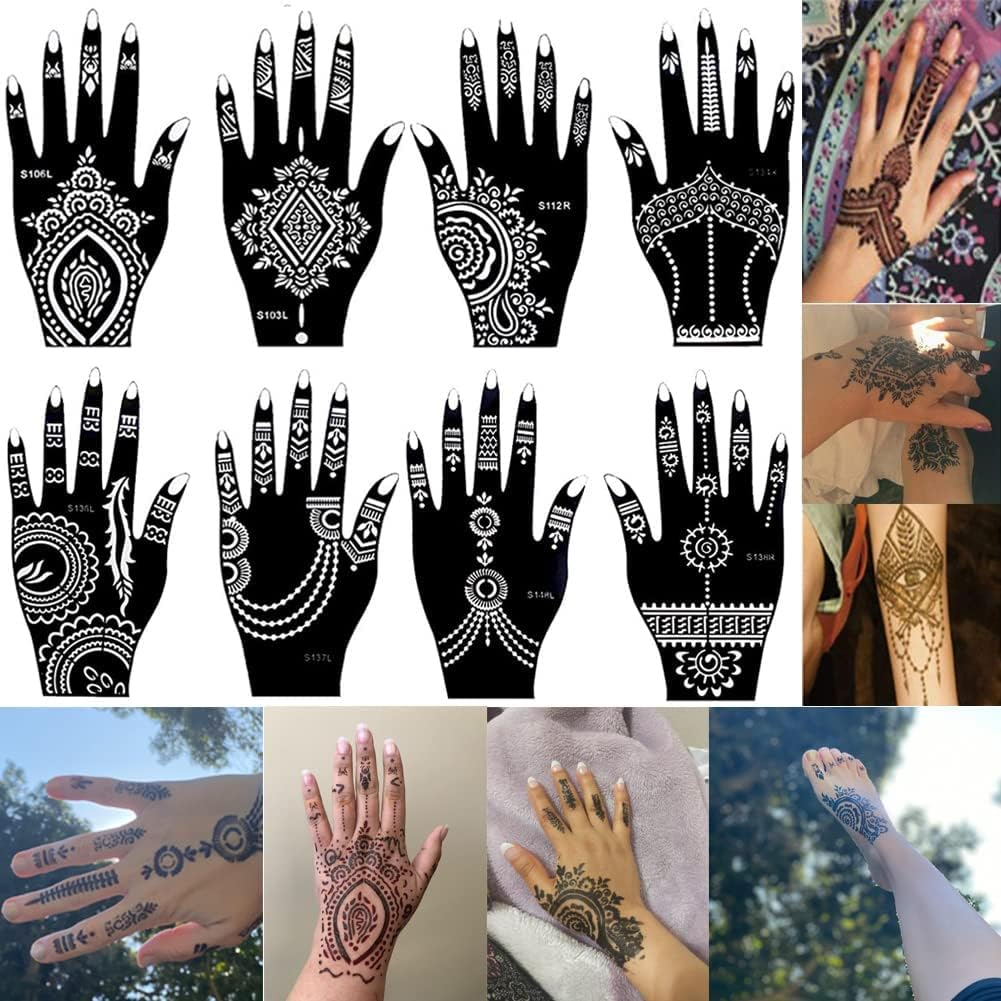 8 Pieces India Henna Tattoo Stencil Set for Women Girls Hand Finger Body Paint Temporary Tattoo Templates 20 X 10.5Cm