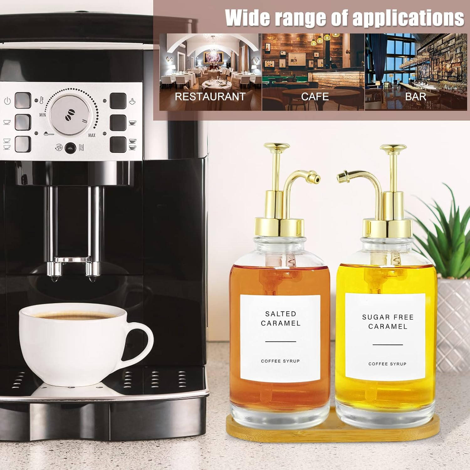 2 Pcs Glass Syrup Bottle with Pump-500Ml/16.9Oz, Dispenser Set with Bamboo Tray Labels Funnel, Clear Syrup Pump Dispenser, Bottle for Coffee Bar Home 3.2 X 8.7In (Gold) image number 1