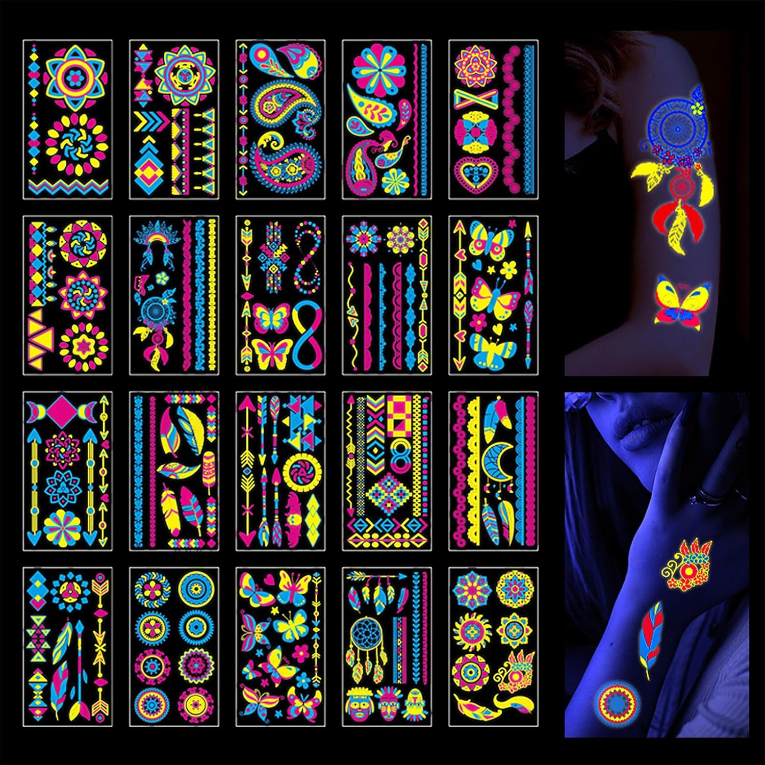 Glow in Dark Temporary Tattoo Stickers, 20 Sheets 170+Styles UV Neon Luminous Fluorescent Water Transfer Tattoos for Women, Men, Kids, Adults, Music Concerts, Raves, Festivals, Dark Party Supplies