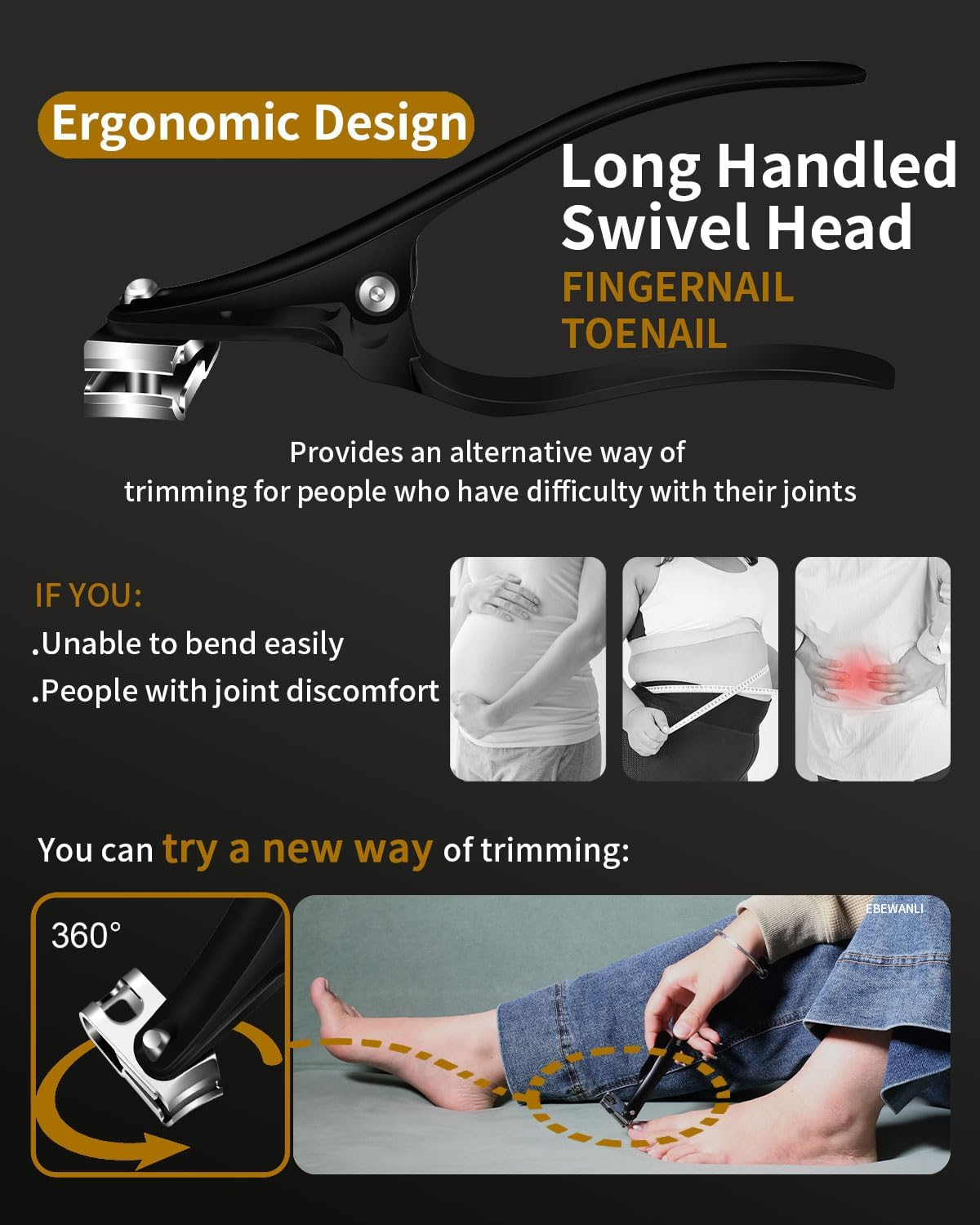 EBEWANLI Long Handle Toenail Clippers for Seniors Thick Toenails, 360 Degree Rotating Toe Nail Clippers for Men, Women, Sharp Sturdy Stainless Steel Angled Nail Cutter image number 1