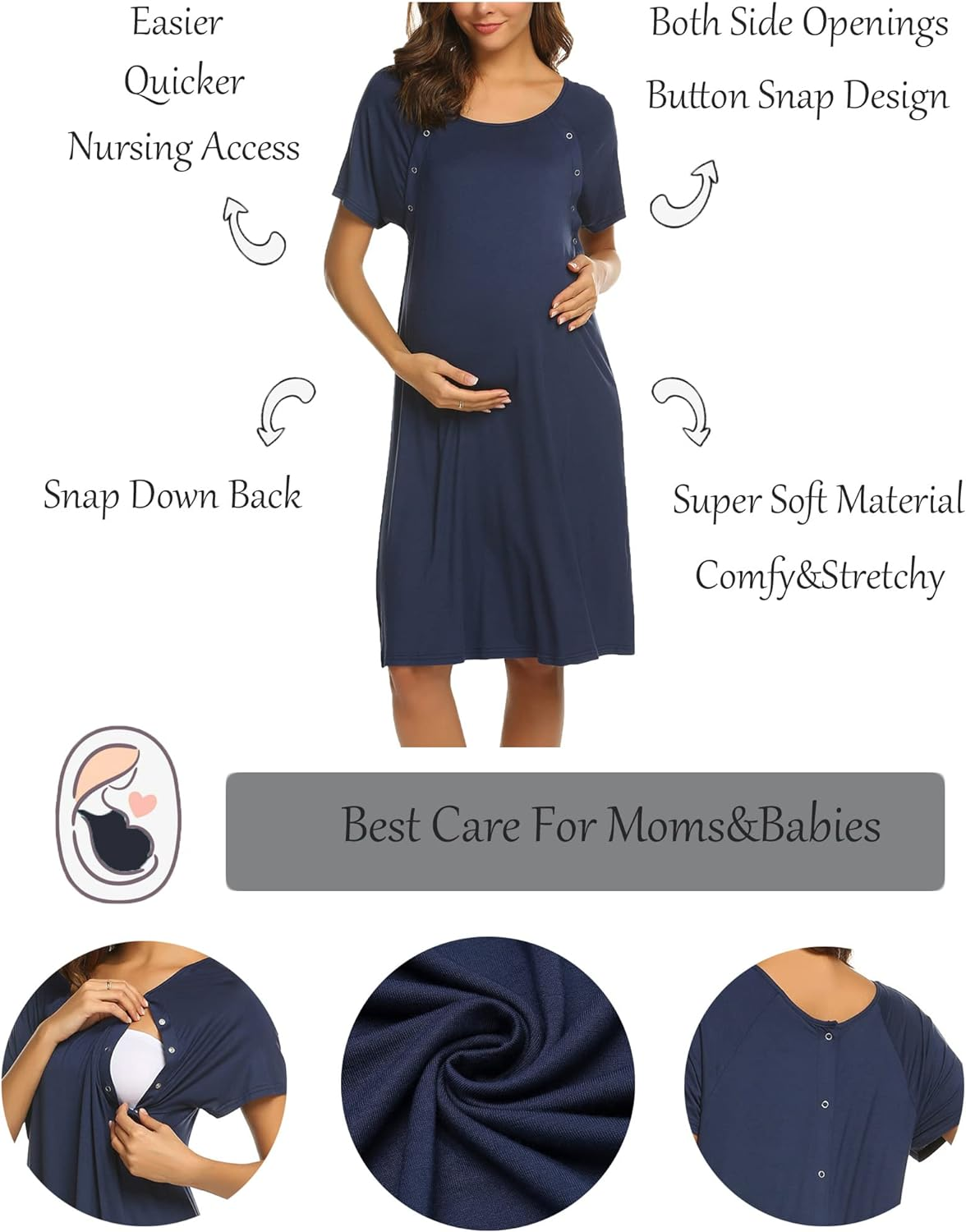 Ekouaer Women&rsquo;S Nursing/Delivery/Labor/Hospital Nightdress Short Sleeve Maternity Nightgown with Button S-XXL image number 3