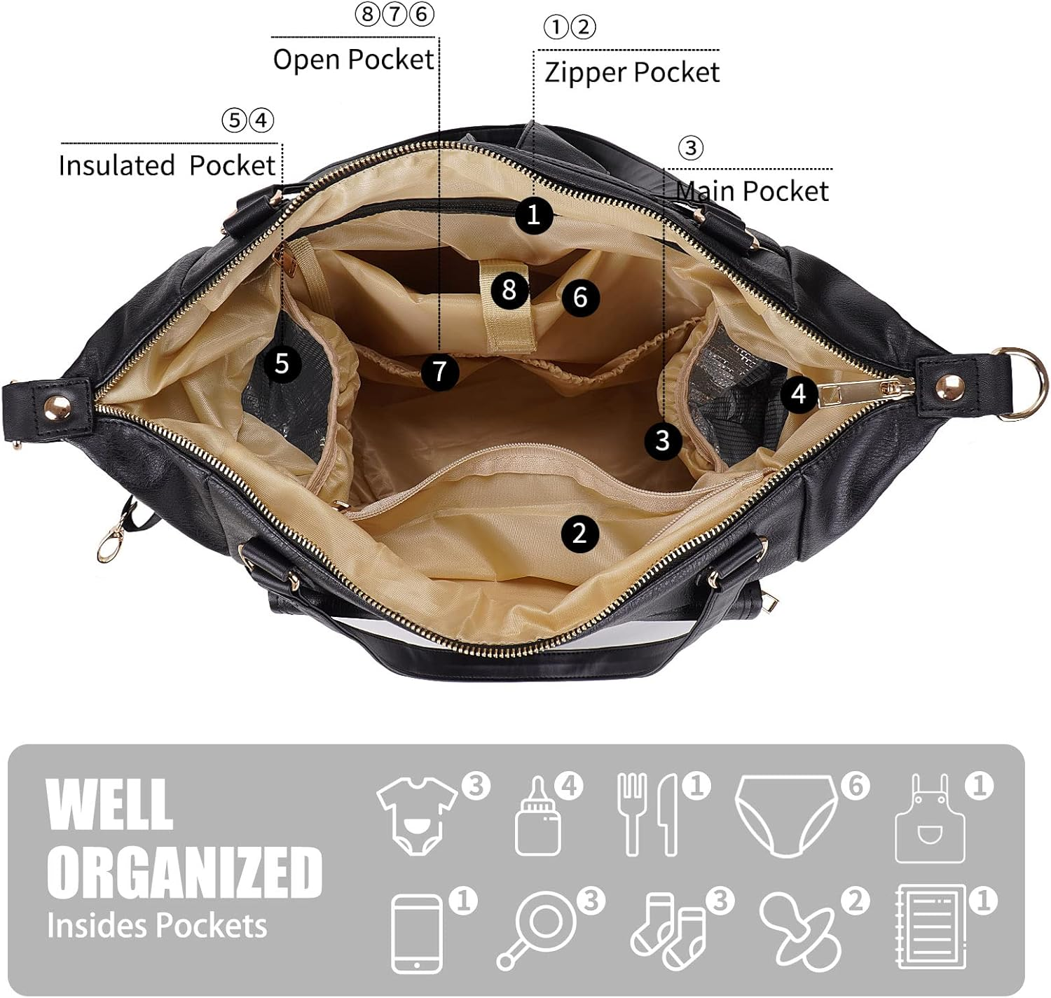 Diaper Bag Tote Johomviin Fashion Leather Diaper Bag Backpack with 13 Pockets for Mom Dad, Large Travel Baby Bag Purse for Boys Girls with 3 Insulated Pockets, Changing Station - Black image number 4