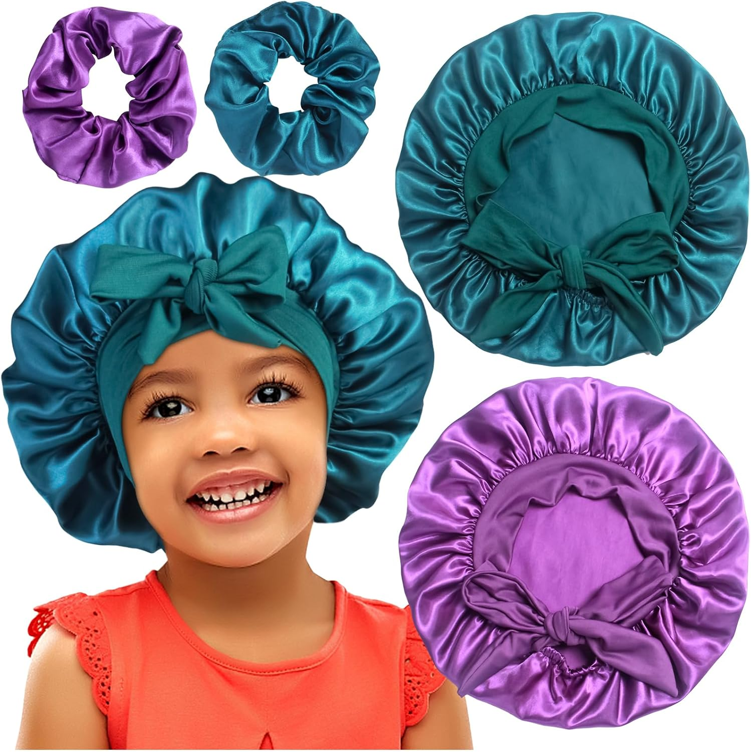 2+2 Satin Bonnets with Scrunchies for Kids, Cute Hair Bonnets for Girls Sleeping Curly Hair, E