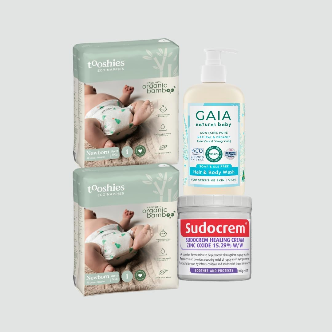 Tooshies Eco Nappies Size 1 Newborn, 104 Count, White, 3.25 Kilograms + Sudocrem Healing Cream 400G + GAIA Natural Baby Hair and Body Wash 500Ml