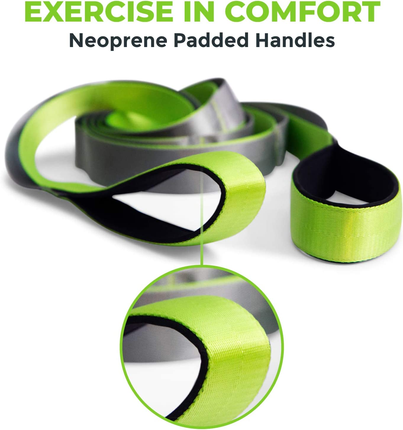 Gradient Fitness Stretching Strap, Premium Quality Multi-Loop Strap, Neoprene Padded Handles, 12 Loops, 1.5" W X 8' L - Green | Grey image number 3