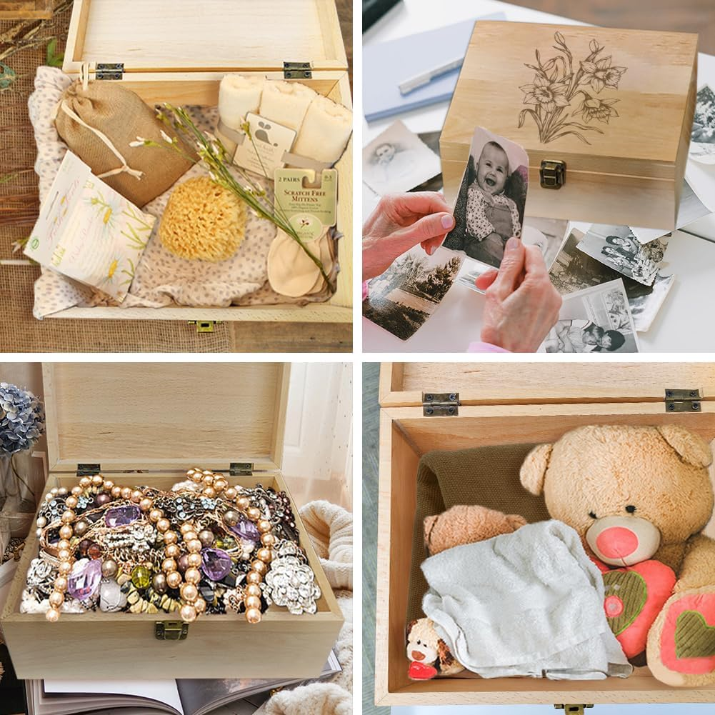 Arricraft 1 Pc Wooden Memory Keepsake Box, Sketch of a Daffodil Pattern Storage Decorative Memory Wooden Box with Hinge Lids for Photos Dvds Letters Holding 24.5X19.5X10.3Cm image number 5