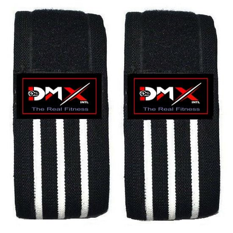 DMX INTL Weight Lifting Knee Wraps Heavy Duty Elastic Support Straps Pair Ideal for Weightlifting, Powerlifting, Gym Training Workout, Squats (Black/White)