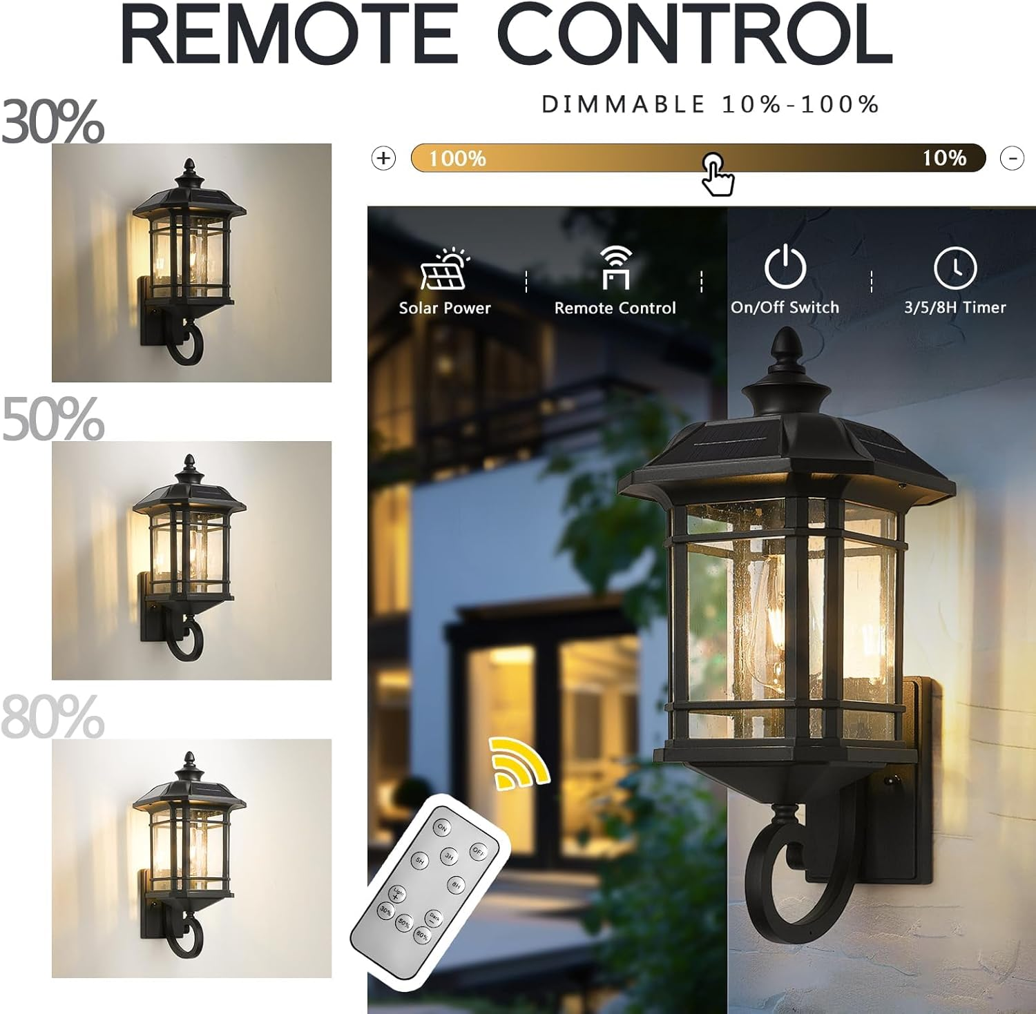 EMLIVIAR Solar LED Wall Light Outdoor,Dusk to Dawn Solar Porch Light with Remote Control, Black Finish with Seeded Glass, Bulb Included, 22021M-SL BK image number 1