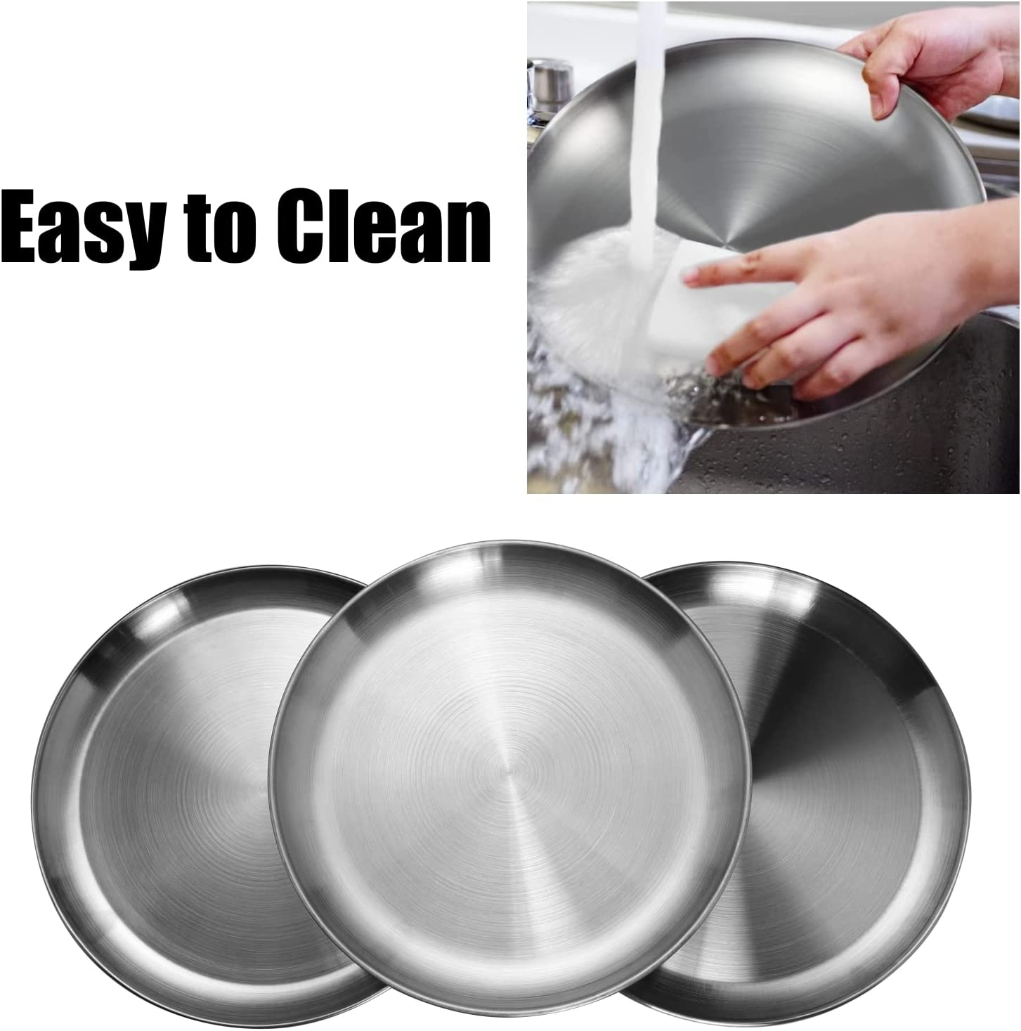 WANBY Stainless Steel Plates Metal Lightweight Steel Plate Unbreakable Dinner Dishes Plates Set Non-Toxin Dishwasher Safe BPA Free and Healthy (4 Pcs)