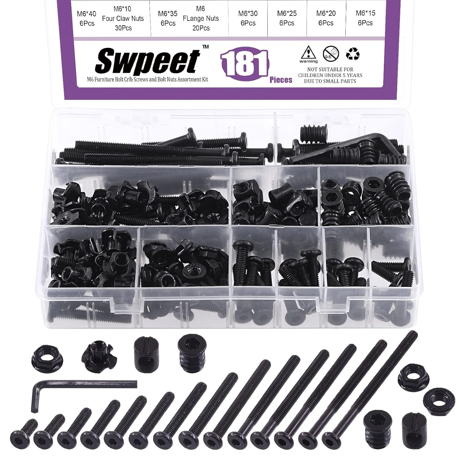 Swpeet 181Pcs M6 X 15Mm - 80Mm Color Zinc Flat Head Hex Socket Cap Baby Crib Bed Bolts Nuts Screws and Threaded Insert Nuts with Flange Nuts and 4 Pronged Tee T Nuts Assortment Kit with Allen Wrench