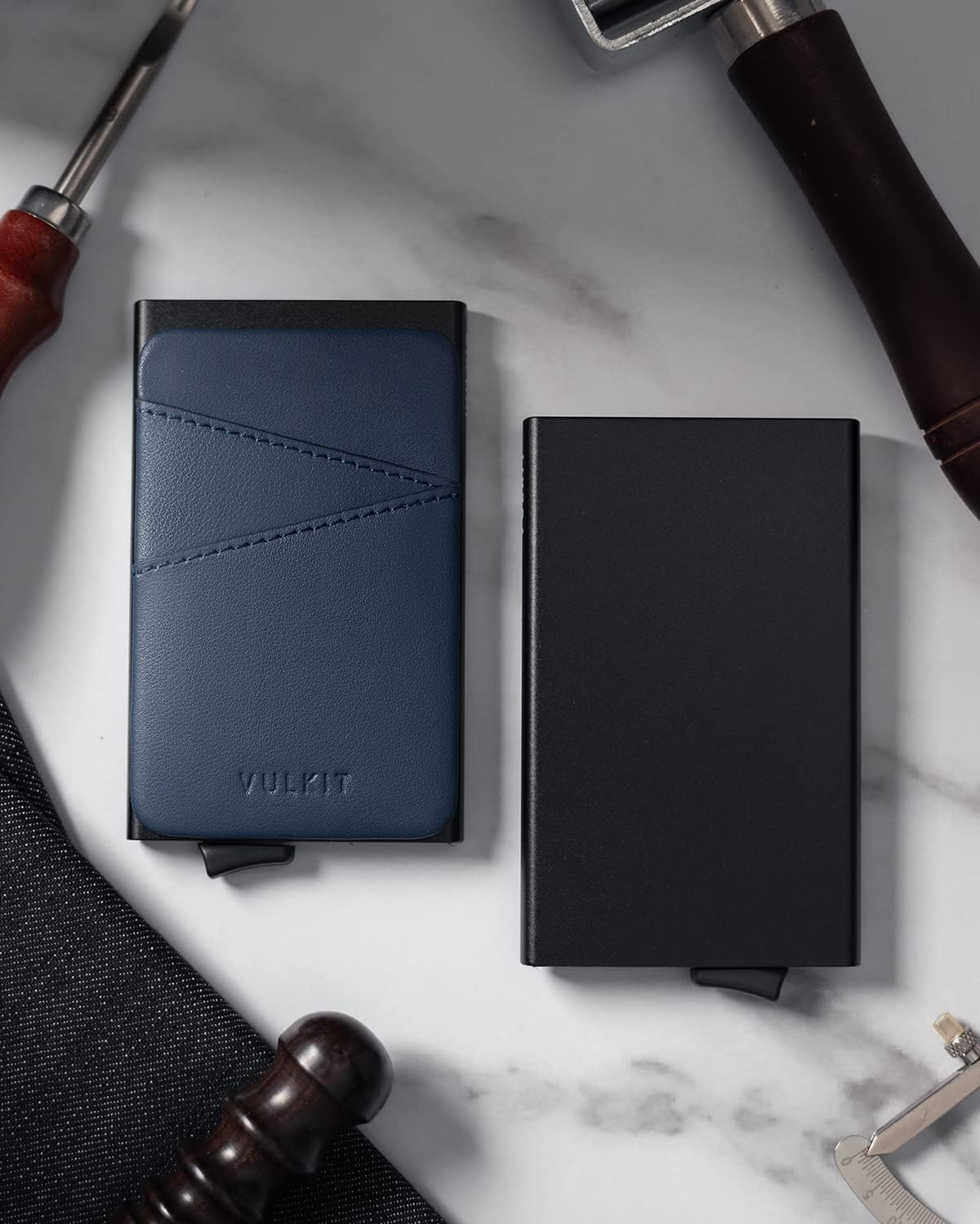 VULKIT Credit Card Holder Pop up Wallet with Extra Leather Slots RFID Blocking Slim Metal Card Case for Men or Women(Blue)