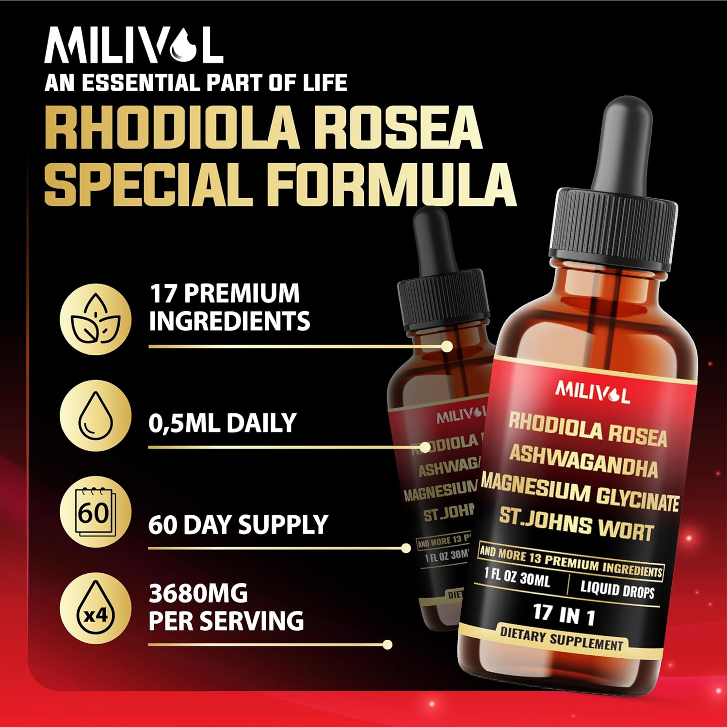 17In1 Rhodiola Rosea Tincture W.Ashwagandha Magnesium L-Theanine. Ultra Strength Rhodiola Cortisol Supplement for Relaxation, Mood, Energy - 60 Day Supply