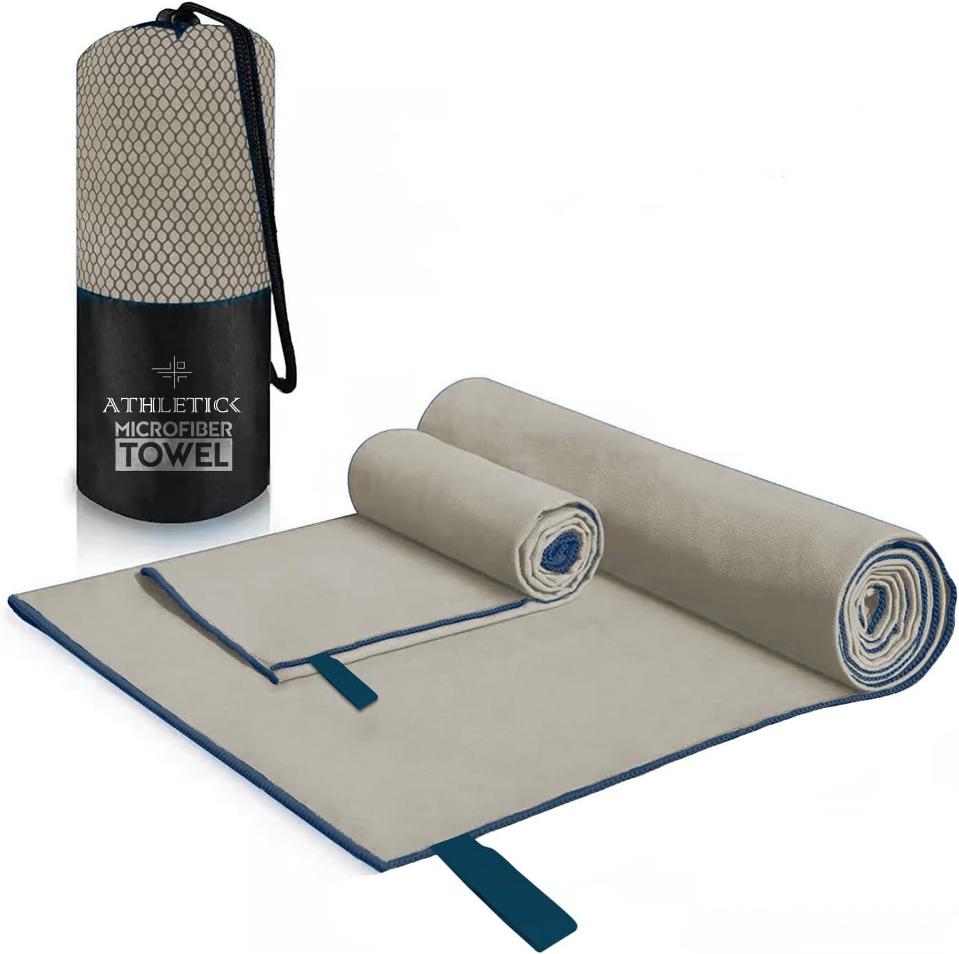 ATHLETICK 2 Pack Microfibre Towel Set for Gym, Yoga, Sports,Camping & Travel-400Gsm Quick Dry, Soft Hand Towels-Lightweight for Beach,Bath,Hiking,Hair & Kitchen-Super Absorbent with Bag (Grey) image number 2