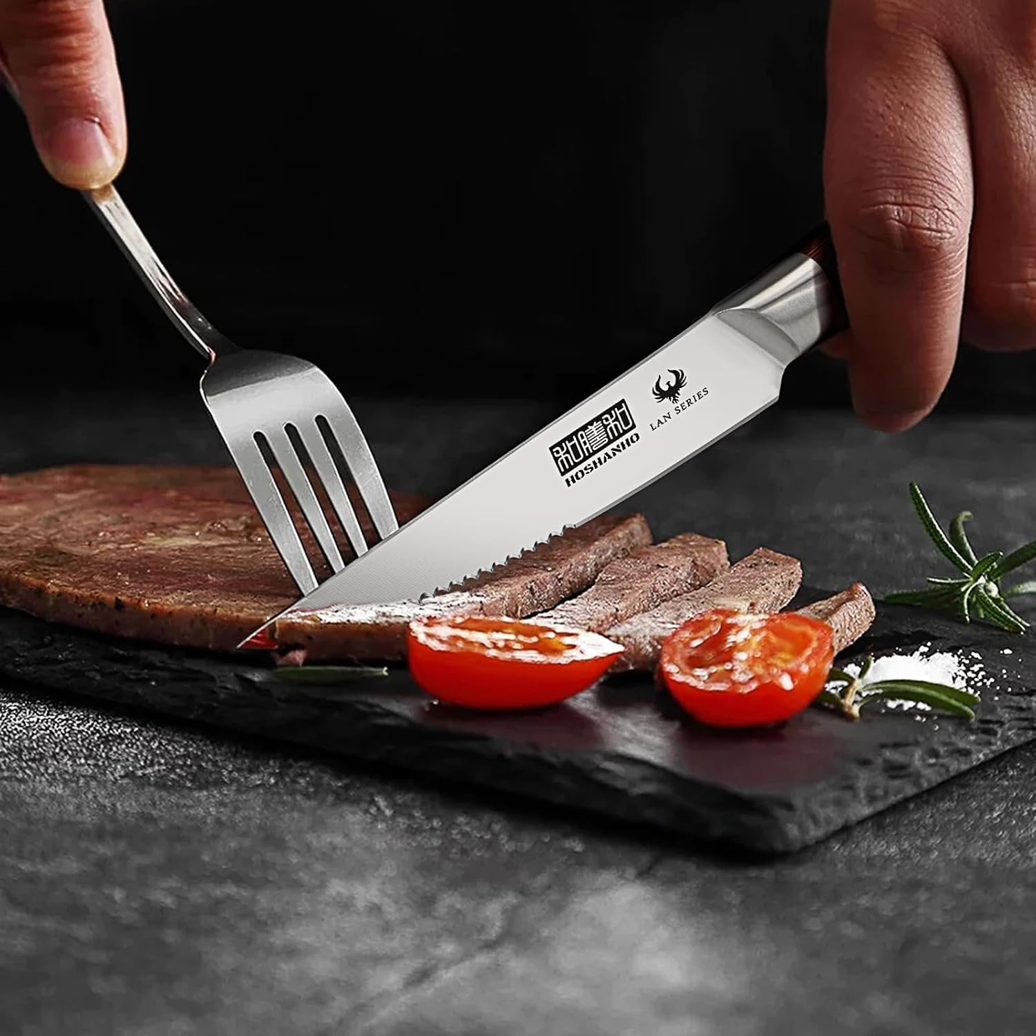HOSHANHO Meat Knives Set 8 Pieces, Table Serrated Knives 11.2 Cm, Professional Steak Knives High Carbon Stainless Steel Steak Knife with Ergonomic Wooden Handle image number 2