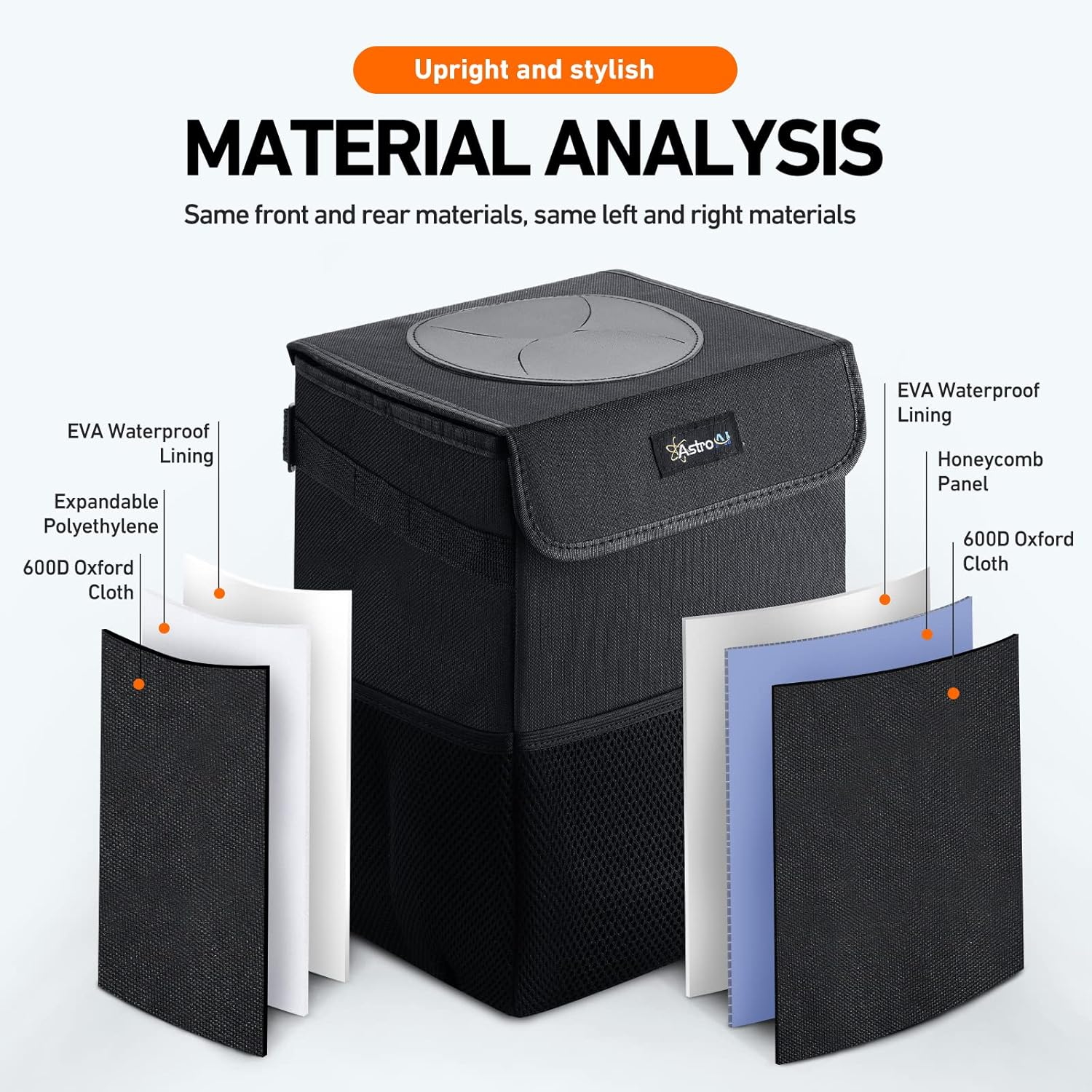 Astroai Car Trash Can with Lid and Storage Pockets, Leak-Proof Waterproof Car Garbage Can Large Opening, Multipurpose Folding Trash Bin for Car