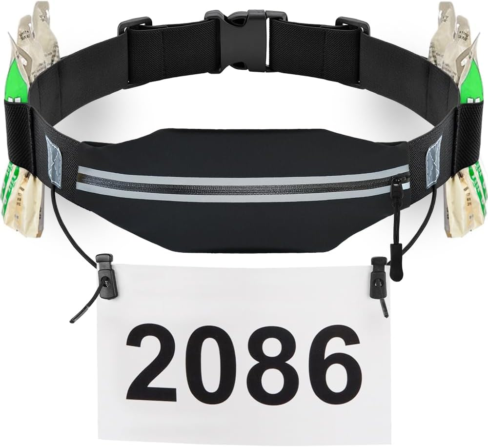 Slim Running Belt Race Number Belt Runners Pouch Triathlon Race Belt BIB Holder with 6 Energy Gel Loops for Workout, Jogging, Triathalon, Marathon, Running and Cycling, 01 Black, One Size