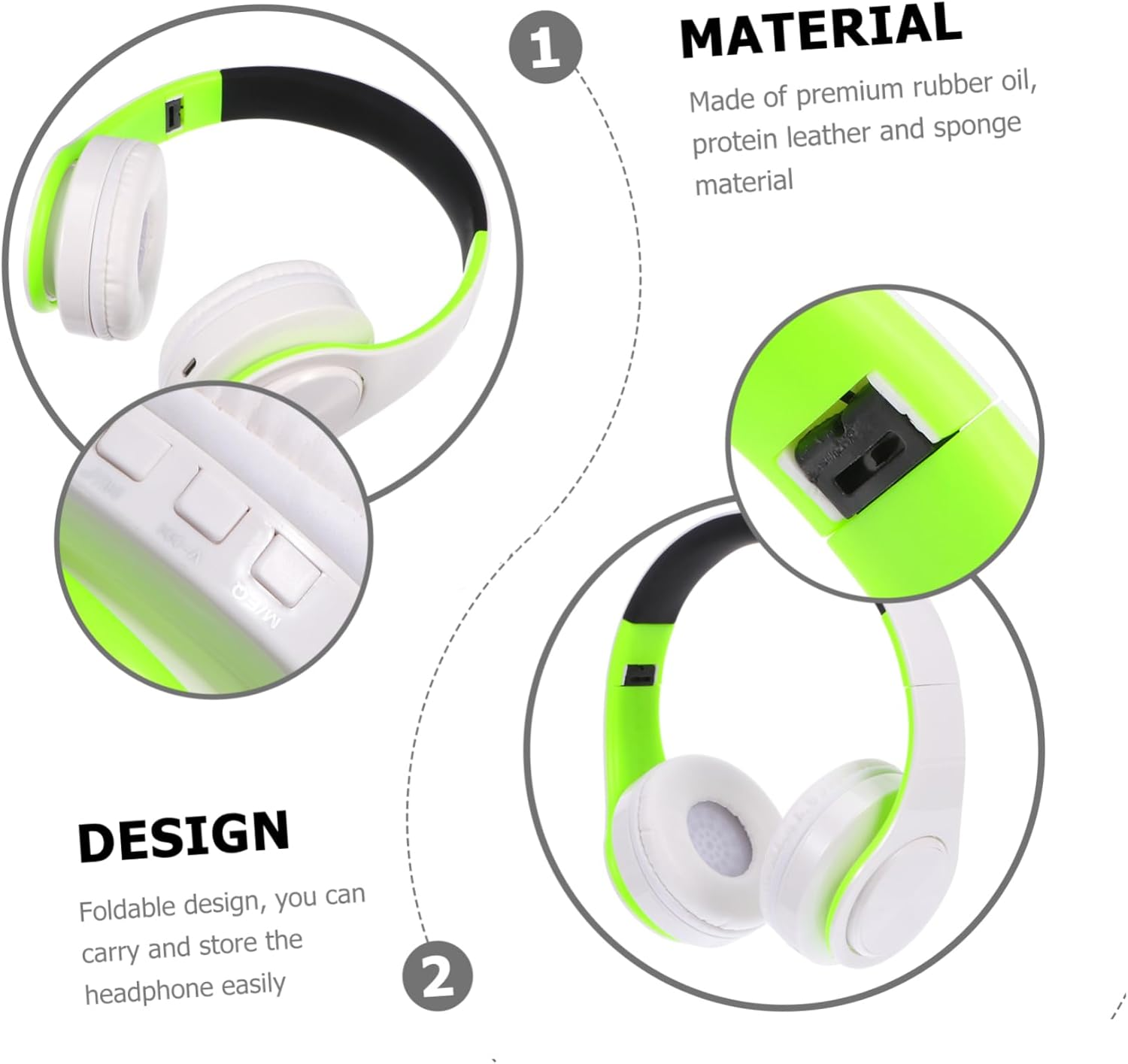 FONDOTIN Wireless Adjustable Foldable Over-Ear Headphones with Wireless Connectivity and Microphone, Stereo Wireless Headset for Sports and Travel, Green White Color image number 2