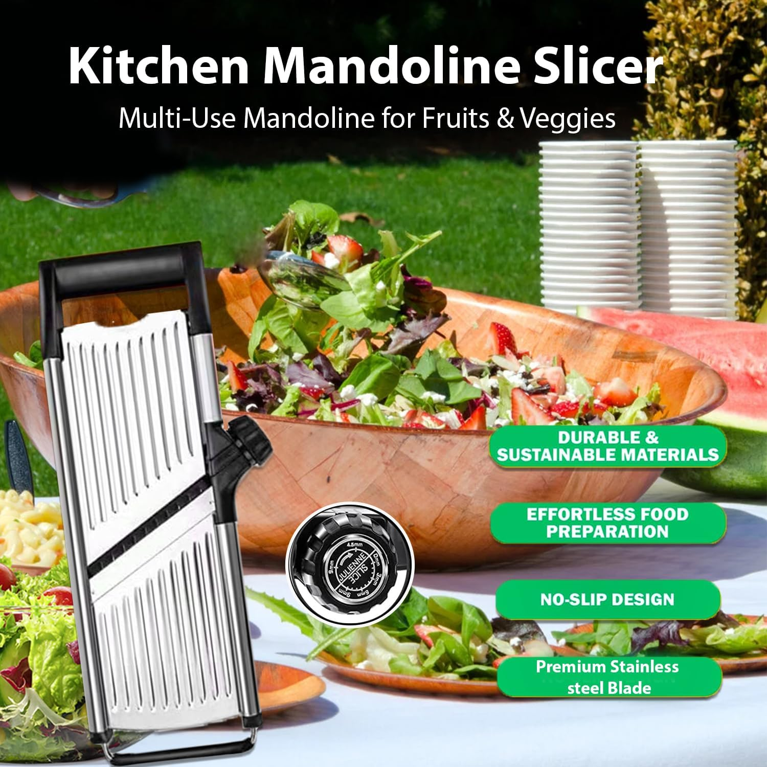 Chef Power High-Quality Mandoline Food Slicer with Stainless Steel Blade - Adjustable Vegetable Slicer - Mandoline Food Cutter with Hand Guard - Vegetable Slicers for Kitchen (Silver/Black) image number 3