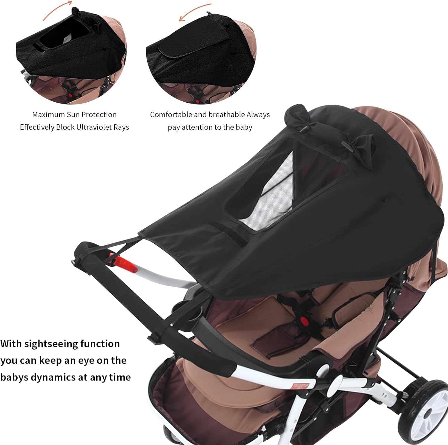 Pram Sun Shade, Universal Buggy Sun Shade Cover, Sunshade Canopy for Pushchair Portable Installation, Baby Stroller Shade Uv Protection with Skylight Design (Black) image number 5