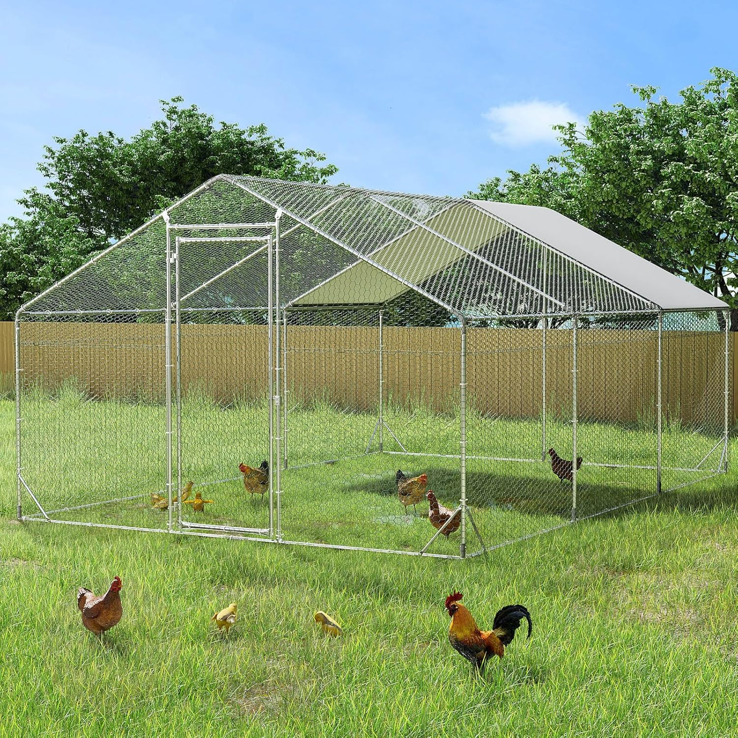 Pawz Chicken Coop Large Rabbit Hutch Pet Cage,Thick Galvanized Metal Hen House with Waterproof Sun-Protective Cover,Walk-In Poultry House Coops Hen Run Ferret Habitat Farm Enclosure,600X300X194Cm image number 1