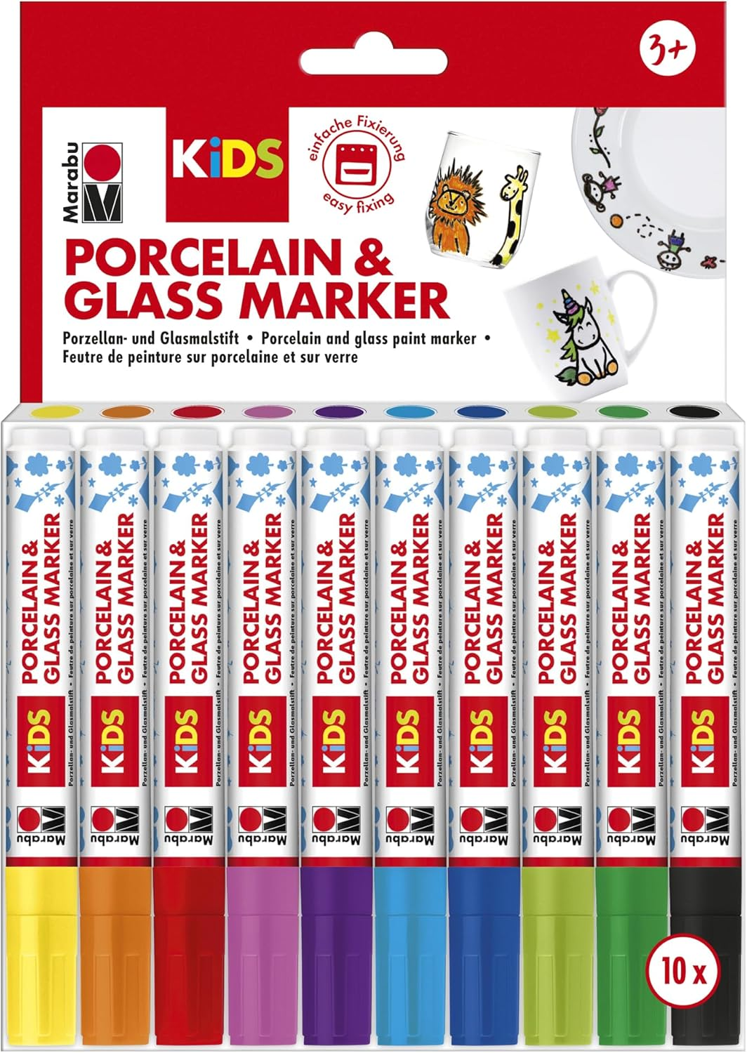 Marabu 0125000000084 - Porcelain and Glass Painter Kids Set Mega Fun, Porcelain Crayons for Children Set of 10, Dishwasher Safe after Firing, Universal Tip 1-3 Mm