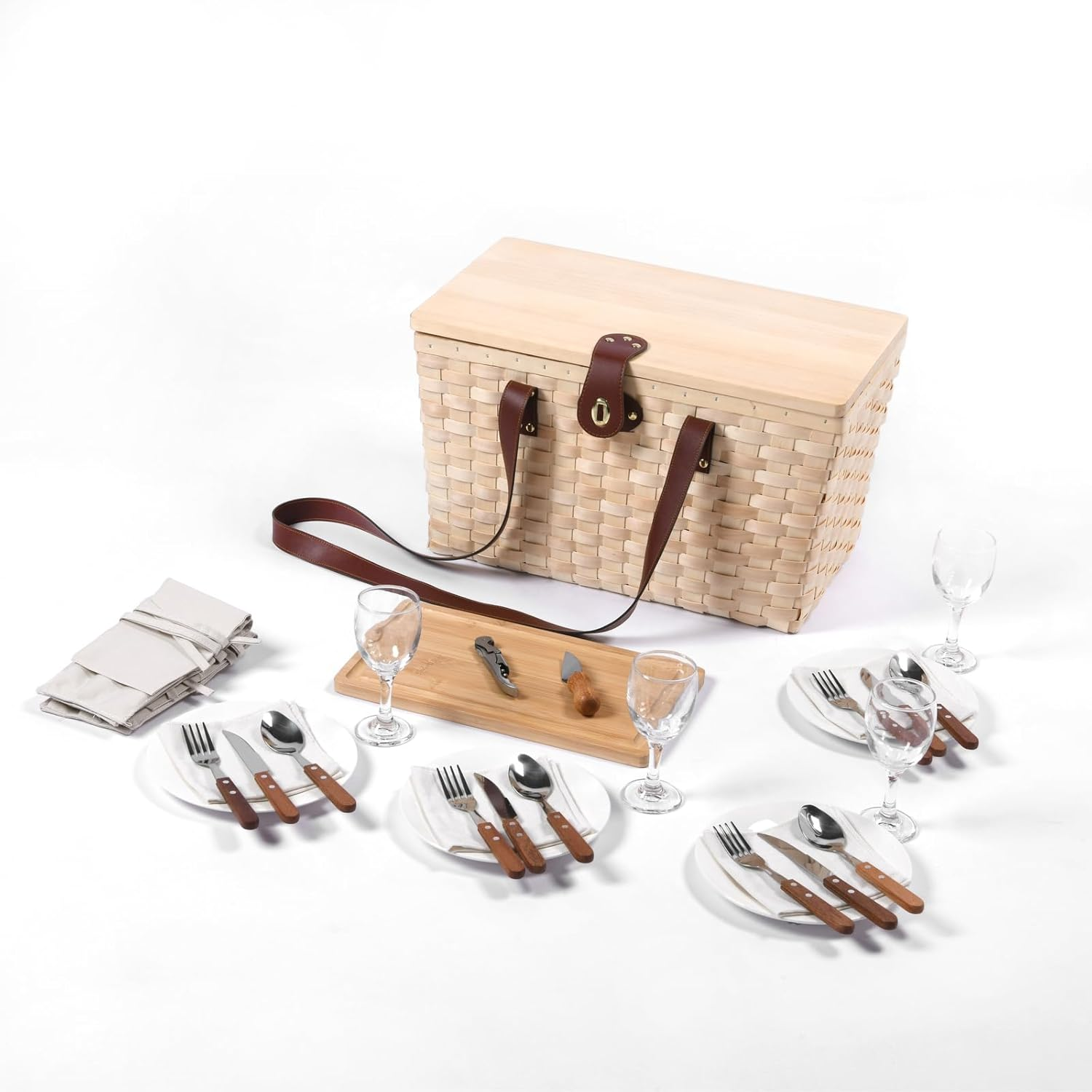 Vibes Barossa 4 Person Natural Wicker Picnic Basket Set Peach Lining Willow Wood with Carry Straps Outdoor Travel Camping Hamper Set Included, Cutlery, Plates, Wine Glass, Corkscrew, Cheese Board