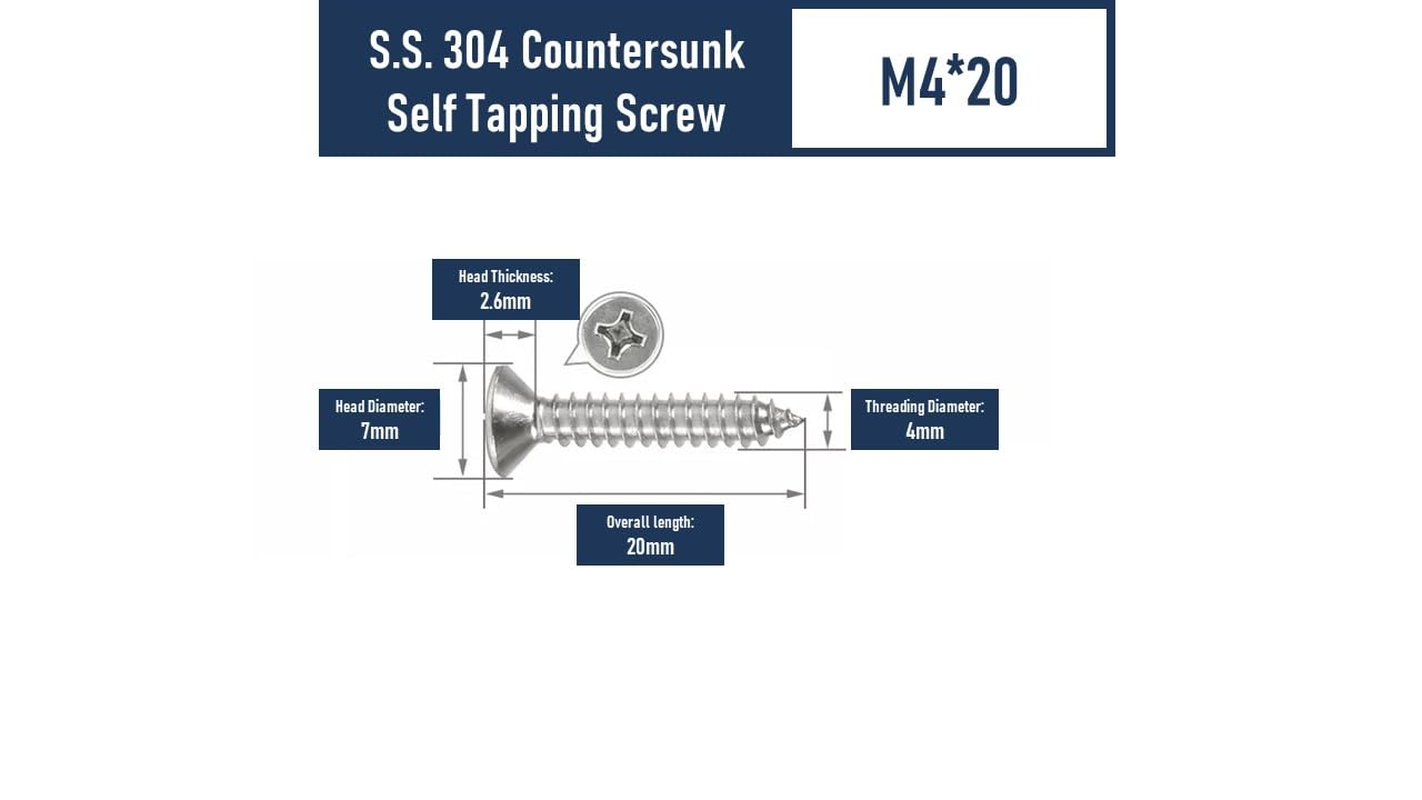 304 Stainless Steel Self-Tapping Screws Cross Flat Countersunk Head Screw Wood Screw (M4=7G X20-90Pcs) image number 1