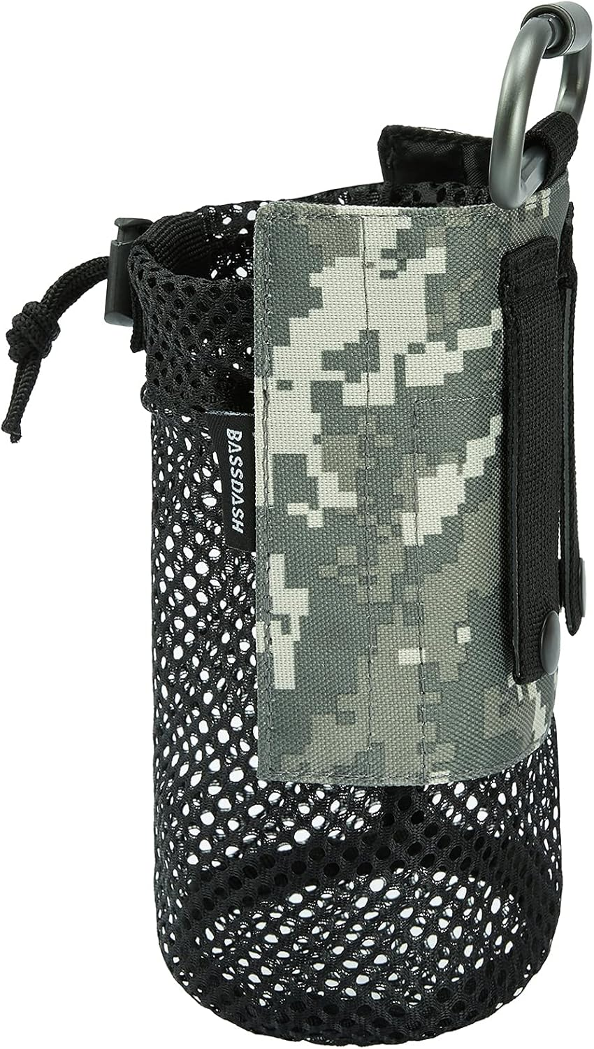Bassdash Tactical Molle Water Bottle Pouch with Carabiner Foldable Mesh Holder Bag for Travel Fishing Hunting Hiking Outdoor Activities