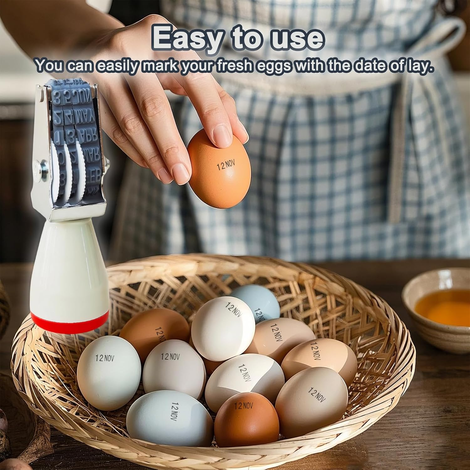 Egg Dating Stamp Kit with 4Mm Rubber Stamper, Black and Red Ink Pads, for Farm Fresh Eggs, Chicken Duck Turkey Eggs (White)