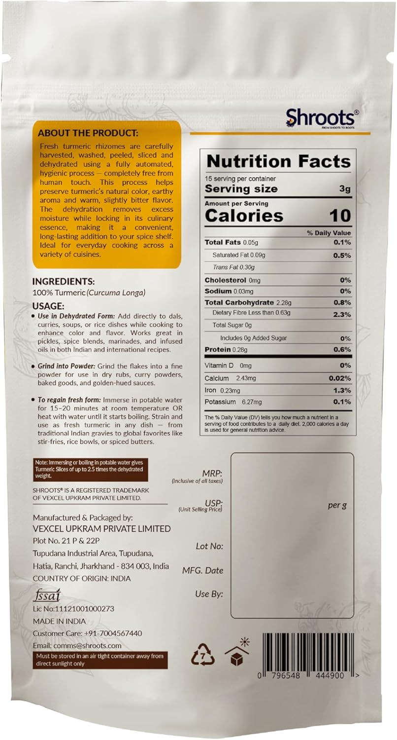 SHROOTS Dehydrated Turmeric Flakes Pure Vegetarian Gluten-Free No Added Salt Easy Cooking Essential Machine Dried Vegetables with Natural Aroma Ideal for Camping or Everyday Meals 1.59 Oz, Pack of 1 image number 2