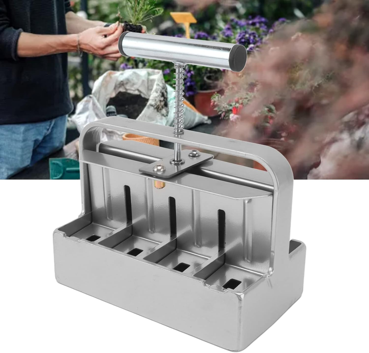 Manual Soil Block Maker, 8Pcs 1.6Inch Soil Blocker with Comfort Grip Handle Aluminum Alloy Handheld Seed Blocker Soil Blocking Tool for Seed Stater Tray, Garden Tool image number 4