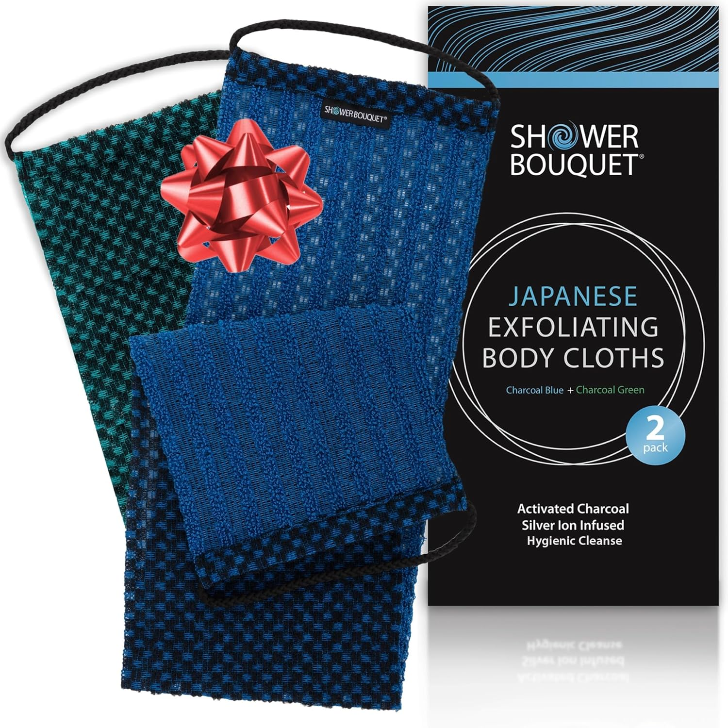 Japanese Exfoliating Washcloth Back & Body 2-Pack by Shower Bouquet: Silver Ions Prevent Bacteria, Activated Charcoal Removes Impurities; 1 Charcoal Blue, 1 Charcoal Green Exfoliating Towel, Soft Mild