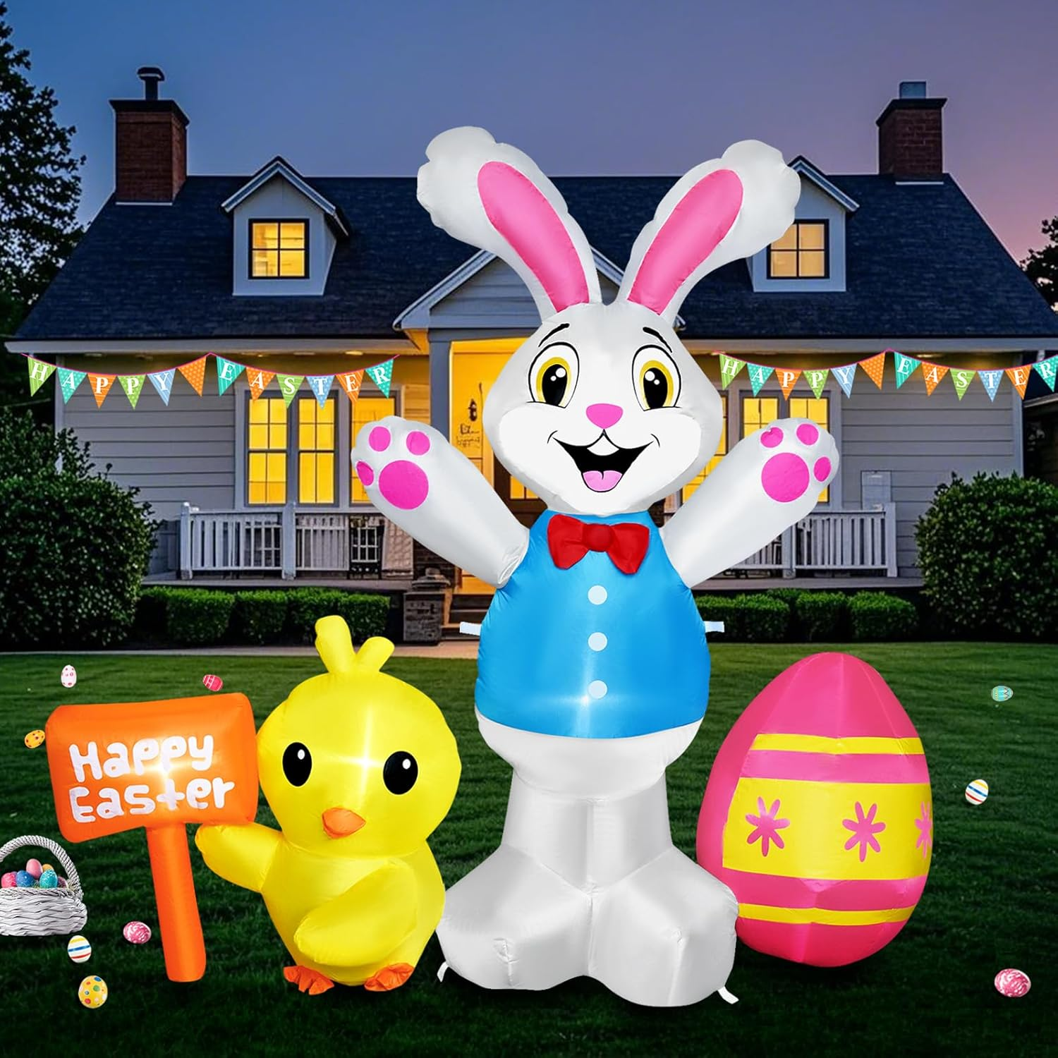 Raymall Easter Inflatables Outdoor Decorations, 5FT Tall Bunny with Chick and Egg Inflatable with LED Lights, Happy Easter Blow up Yard Decorations Outdoor, Blow up Bunny Easter Bunny Inflatables image number 5
