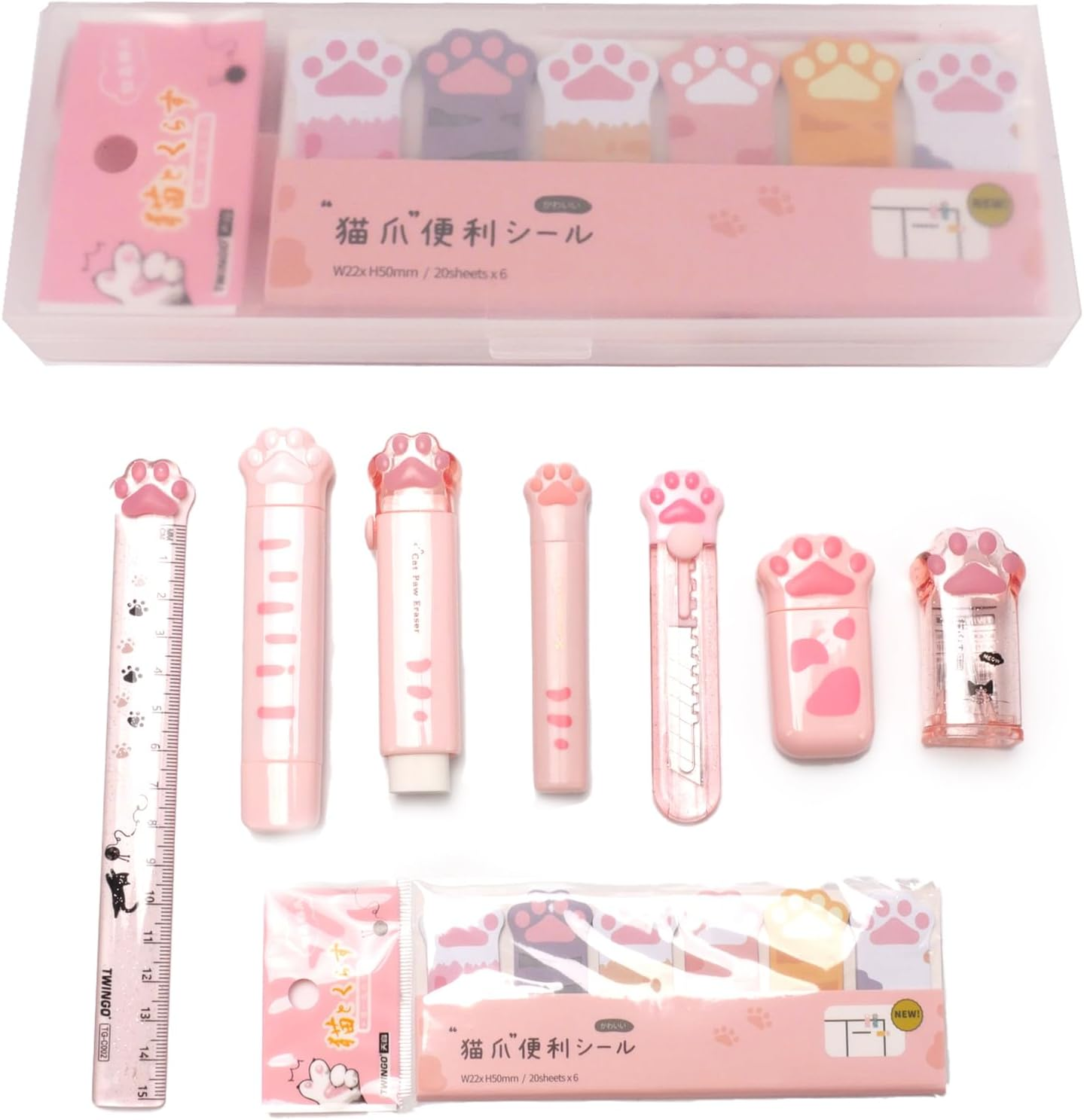 VANANA 9 Pcs Cute Cat Paw Stationery Set Pencil Sharpener Retractable Eraser Correction Tape Sticky Notes Ruler Mini Scissors Utility Cutter School Office Supplies(Pink) image number 2