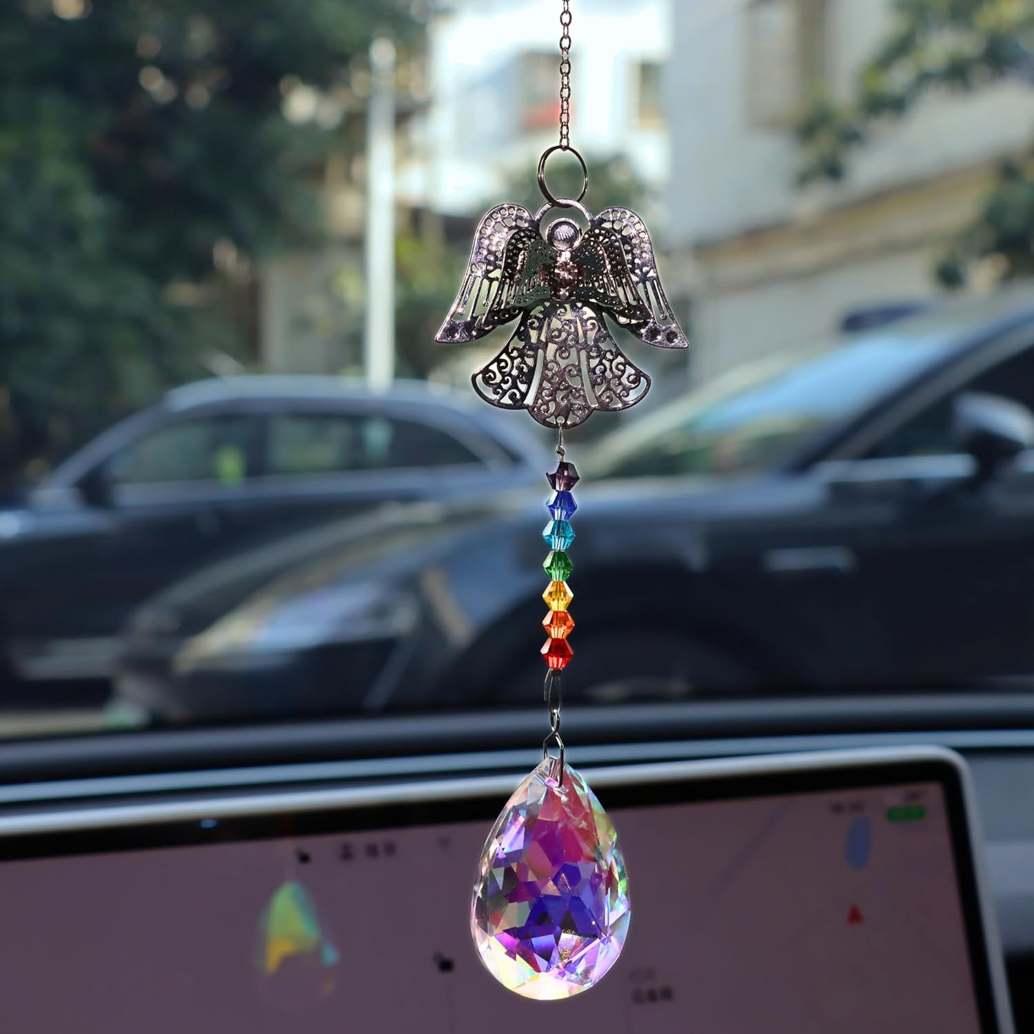 MOTOFITOOL Crystal Sun Catcher for Car, Car Charms Rear View Mirror,Angel Hanging Ornamentcar Sparkling Crystal Prism Decor, Cars Accessories for Women