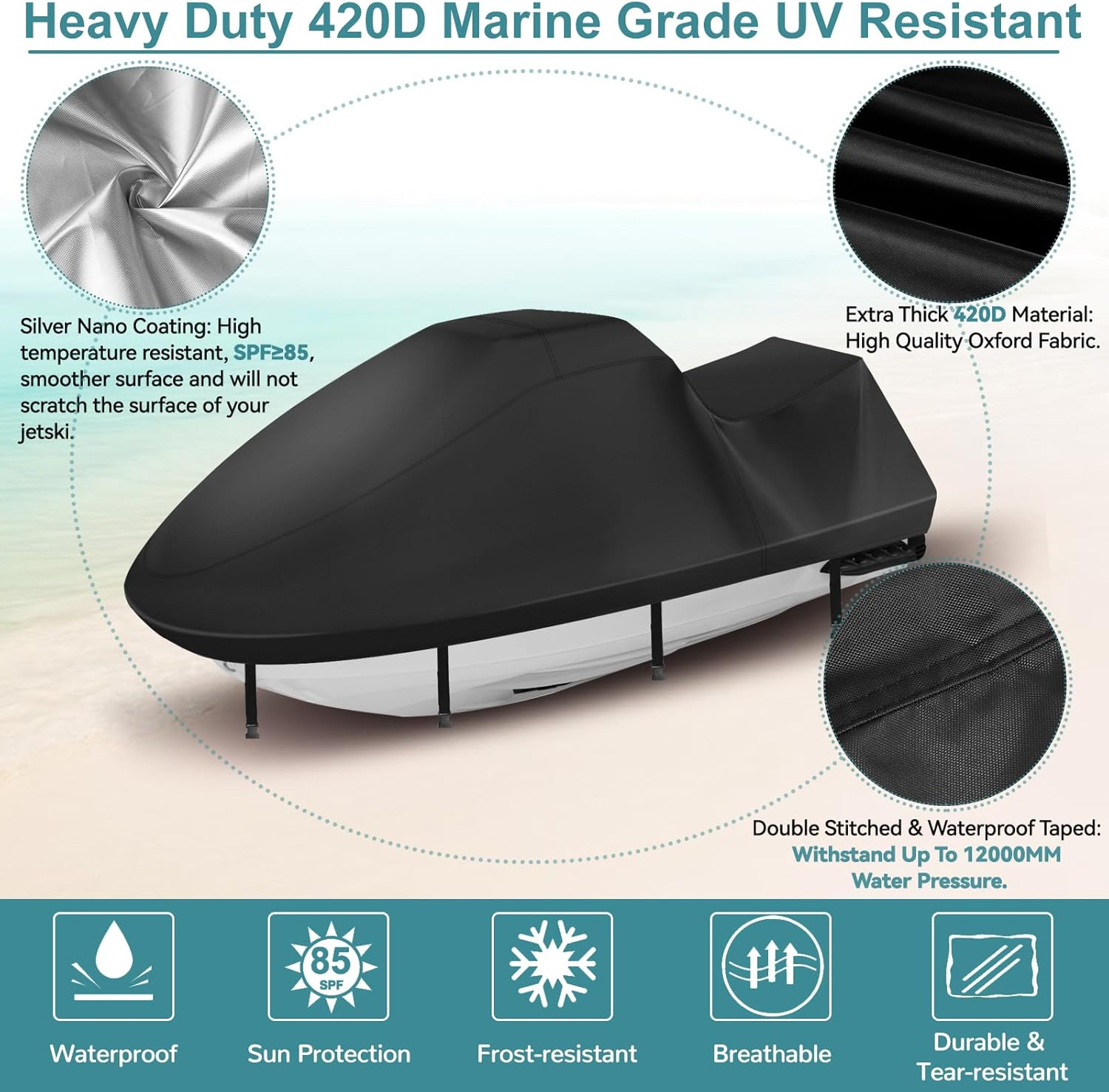 Jetski Covers,Upgraded 420D Waverunner Cover Waterproof,Durable Jet Ski Cover 3 Seater with 2 Air Vents，4 Windproof Buckles，Easy On，All Weather Universal Cover for Seadoo Spark(Black, XL:115"-120")