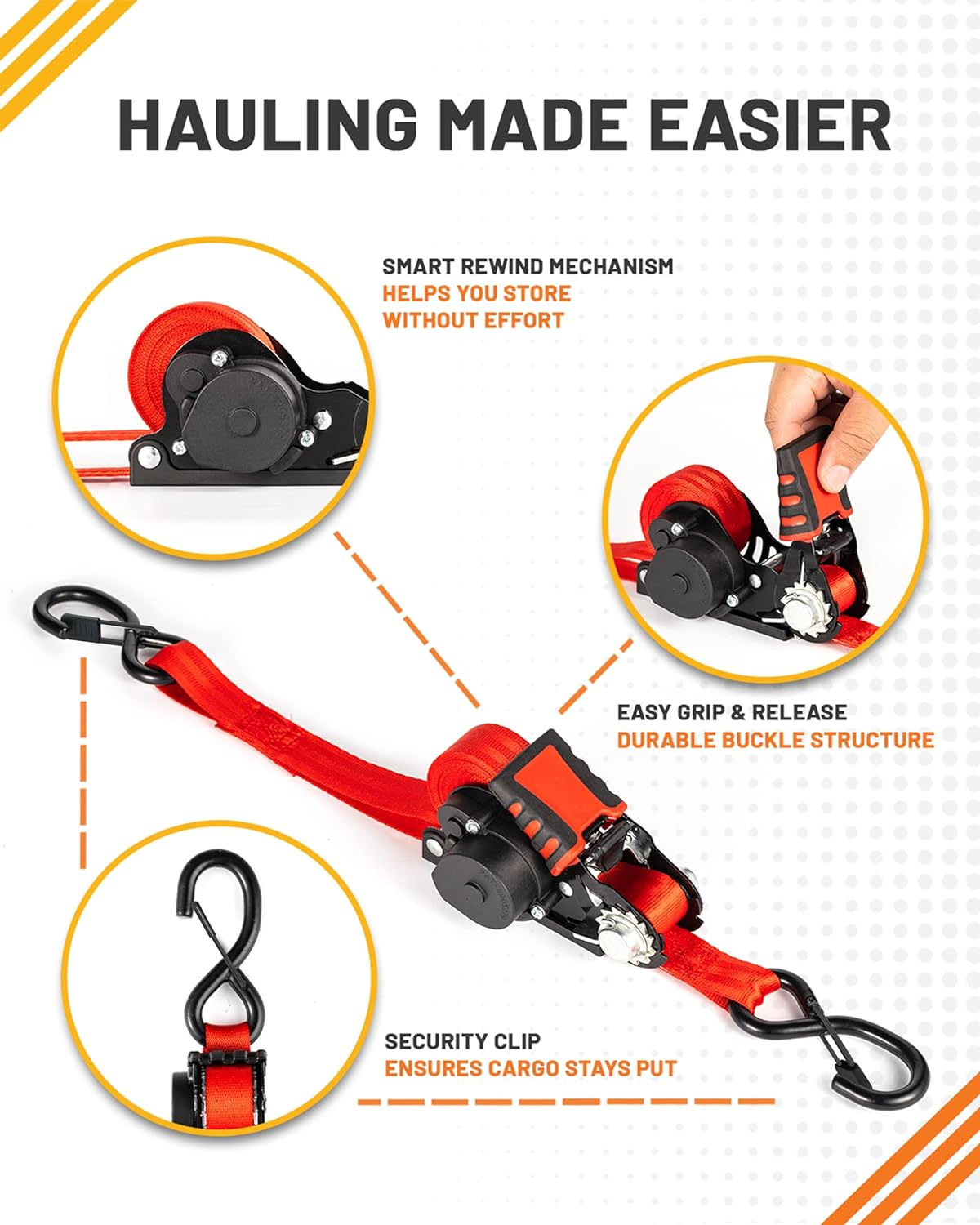 Strapinno Retractable Ratchet Straps - 1 in X 12 Ft Heavy Duty Tie Downs, 1800Lbs Breaking Strength Each, S Hooks with Safety Clip, Autoretract, for Moving, Motorcycle, Boat, Kayak, and Cargo (2) Red image number 1