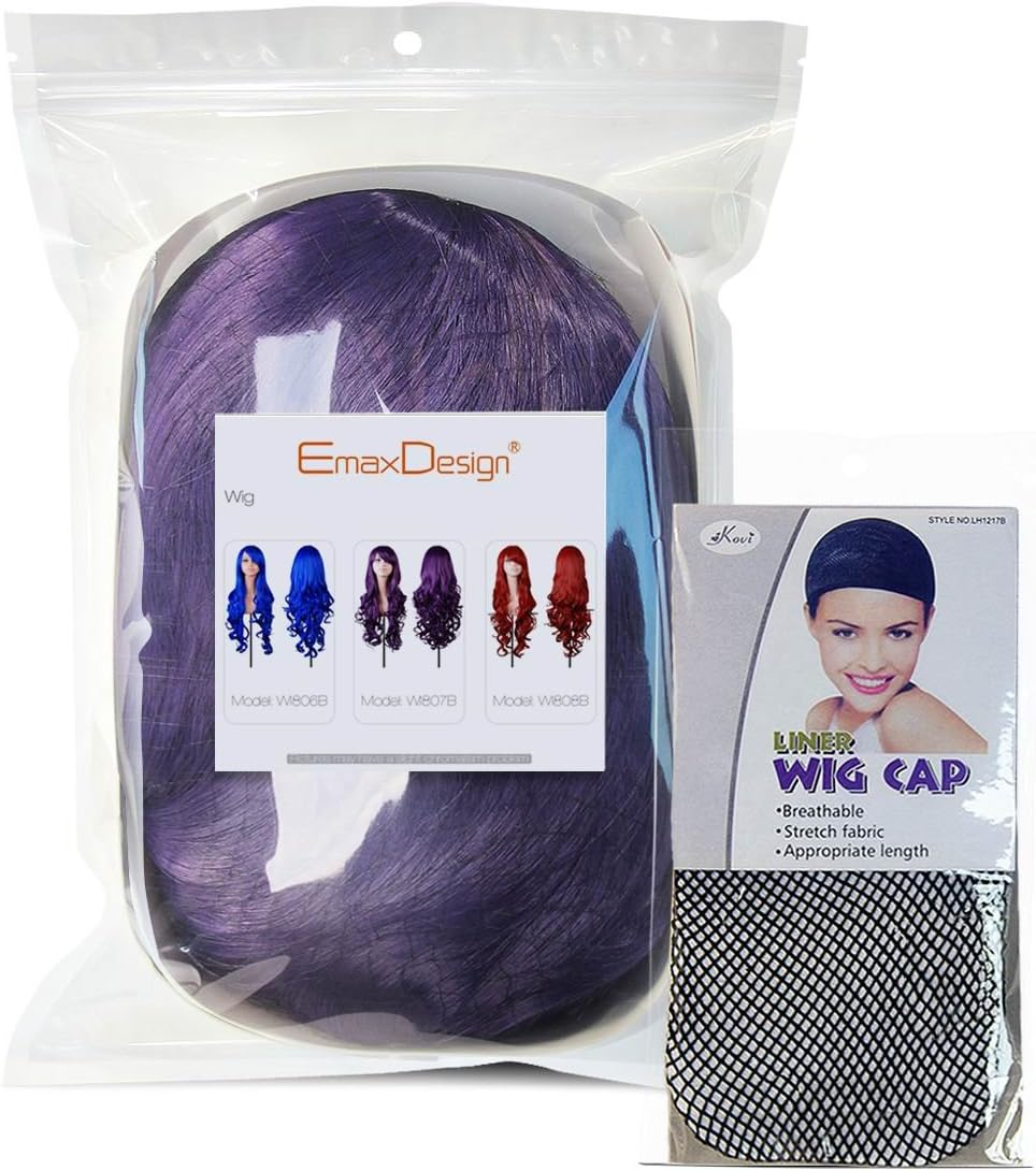 (Dark Purple) - Emaxdesign Wigs 80Cm 32" High Quality Women'S Cosplay Wig Long Full Spiral Curly Wavy Heat Resistant Fashion Glamour Hairpiece with Free Wig Cap (Colour: Dark Purple)